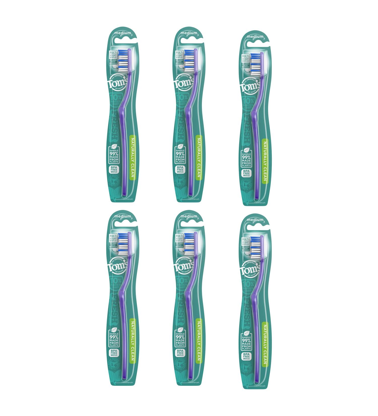 Tom's of Maine Naturally Clean Toothbrush Medium 6-Pack - Eco-Friendly Oral Care - Buy Online on GoSupps.com