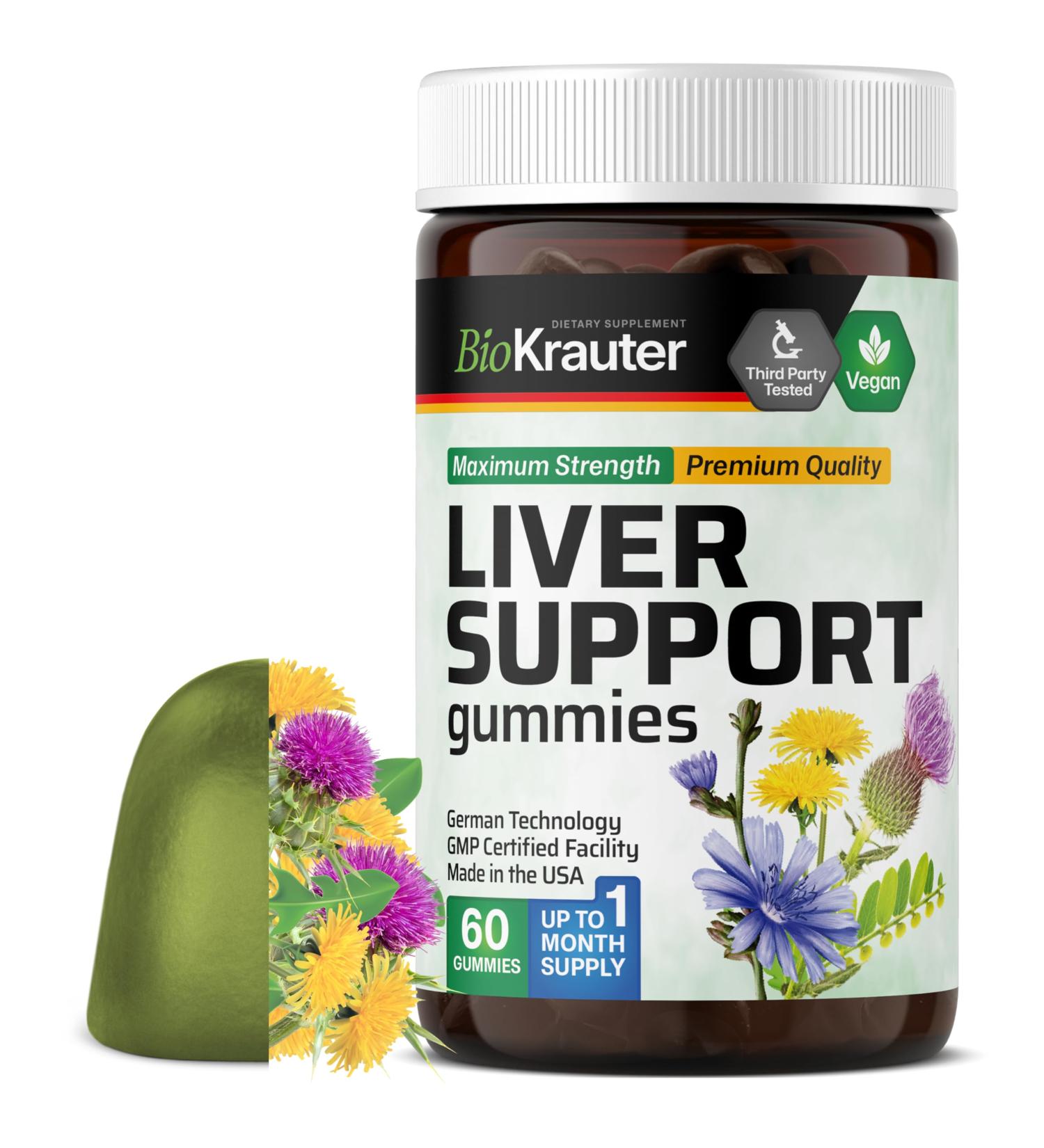 BIO KRAUTER Liver Supplement Gummies - 60 Vegan Chews w/Milk Thistle Dandelion Root for Liver Cleanse & Detox - 80% Silymarin 60 Count (Pack of 1) - Buy Online on GoSupps.com