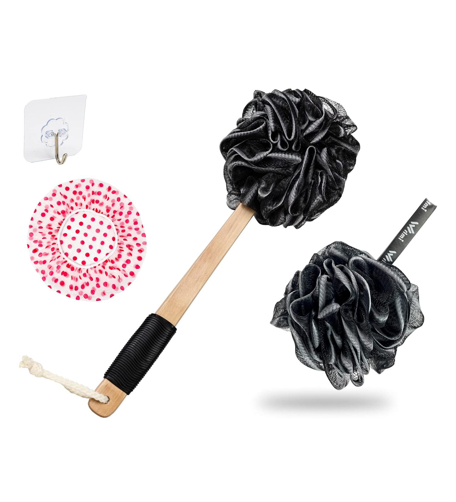 Long Handled Loofah Sponge with Handle Back Scrubber for Men & Women - Black Bath Shower Pouf Set with Hook and Cap - Buy Online on GoSupps.com