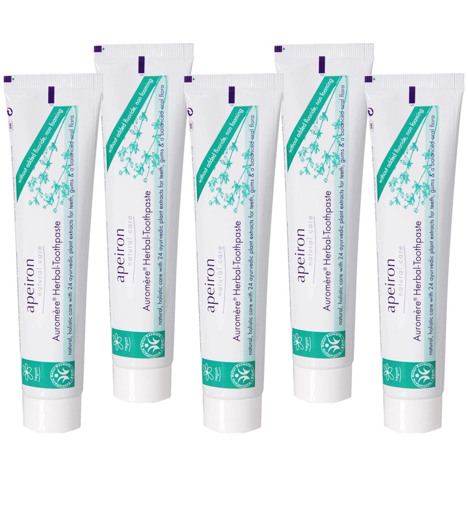 APEIRON Auromere Herbs Toothpaste - 5 x 75ml | Organic Vegan Fluoride-Free Natural Toothpaste with Strong Herbal Taste - Buy Online on GoSupps.com