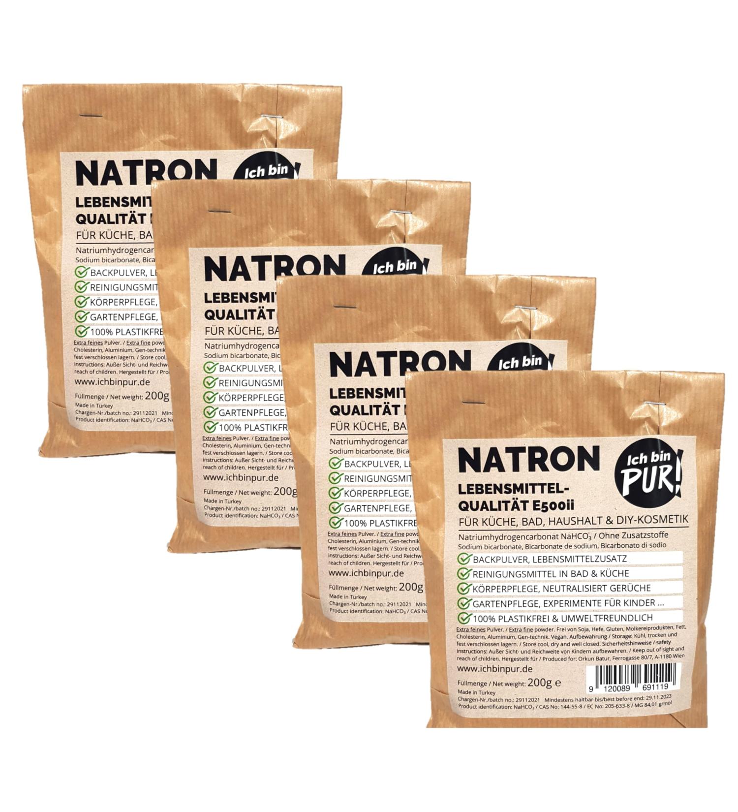 Ibinpur-soda extra fine powder for kitchen bathroom household and DIY cosmetics food quality E500II baking powder sodium hydrogen carbonate without additives plastic-free (200 g (4 Pack)))