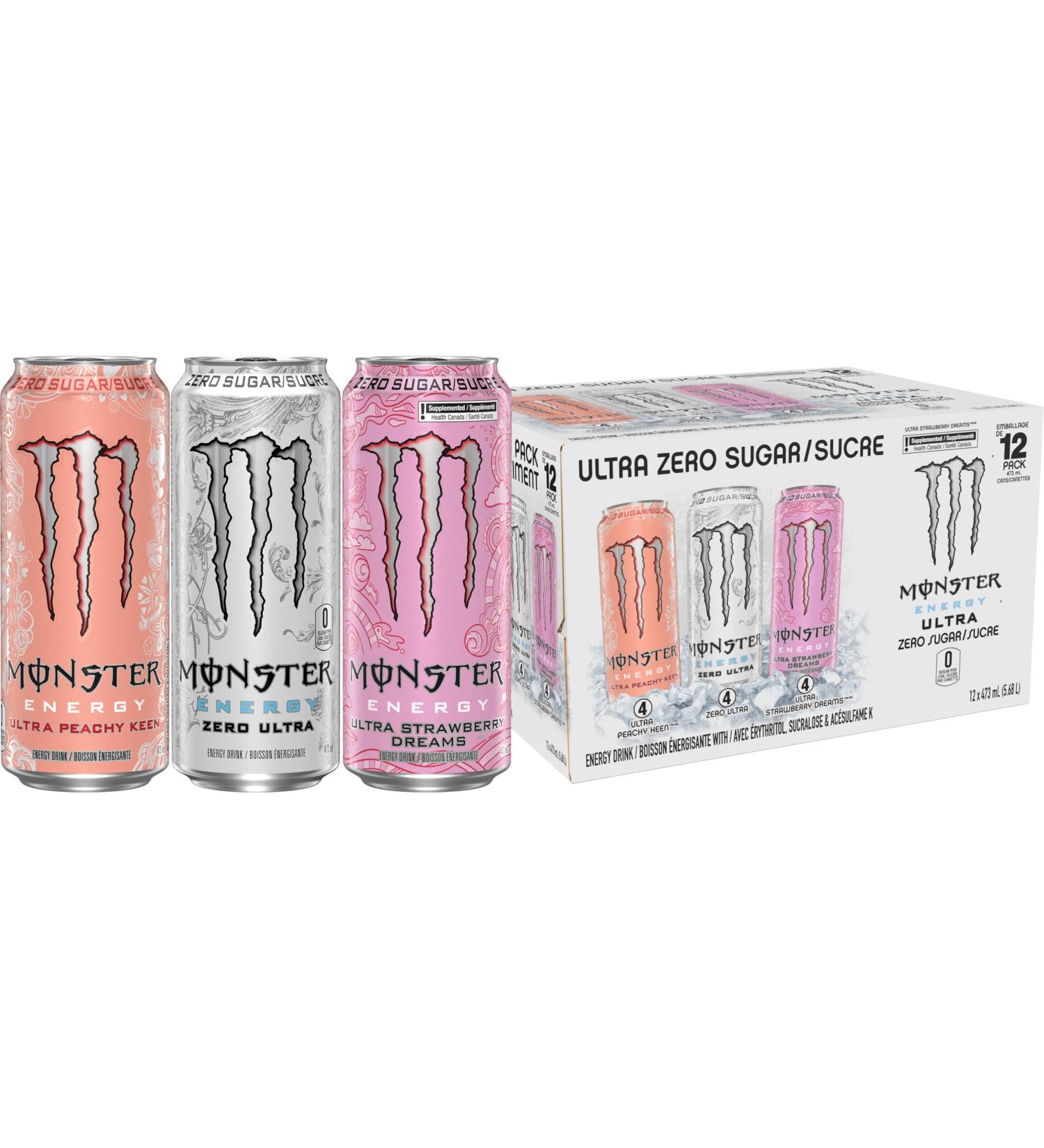 Monster Energy Ultra Variety Pack (Zero Ultra Ultra Peachy Keen Ultra Strawberry Dreams) 473mL Cans Pack of 12 - Buy Online on GoSupps.com