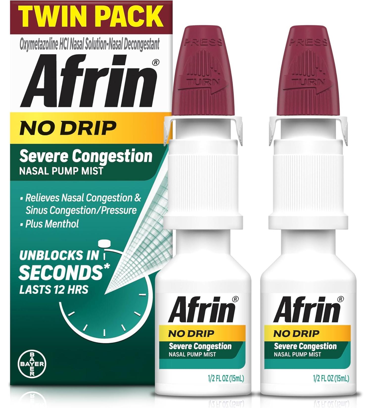 Afrin No Drip Severe Congestion Max Strength Nasal Spray - 2 x 0.5 Fl Oz Bottles - Buy Online on GoSupps.com