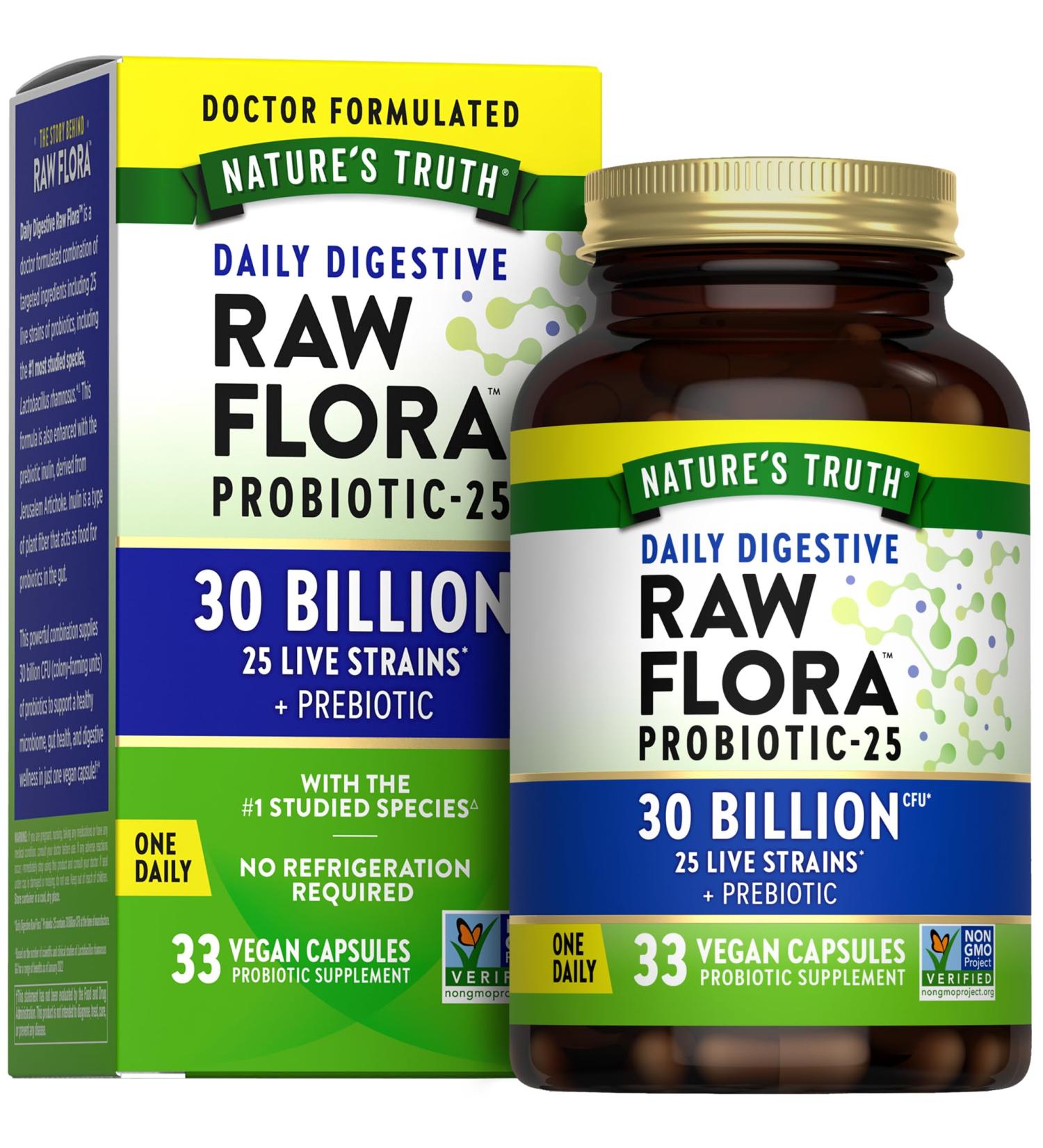 Raw Flora Probiotics with Prebiotics | 30 Billion CFU | 33 Daily Digestive Capsules | Vegan, Non-GMO & Gluten Free Supplement for Women and Men - Buy Online on GoSupps.com