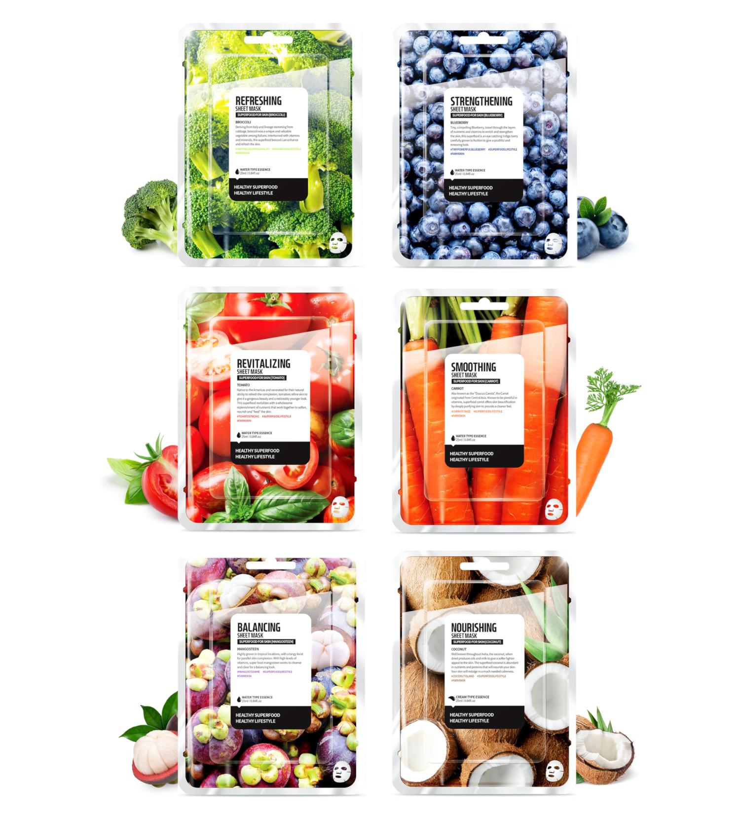 FARMSKIN Superfood Salad Sheet Mask Set of 6 - Nourishing Korean Face Masks with Mangosteen Broccoli Carrot Coconut Blueberry & Tomato - Refreshing & Cruelty-Free Skincare - Buy Online on GoSupps.com