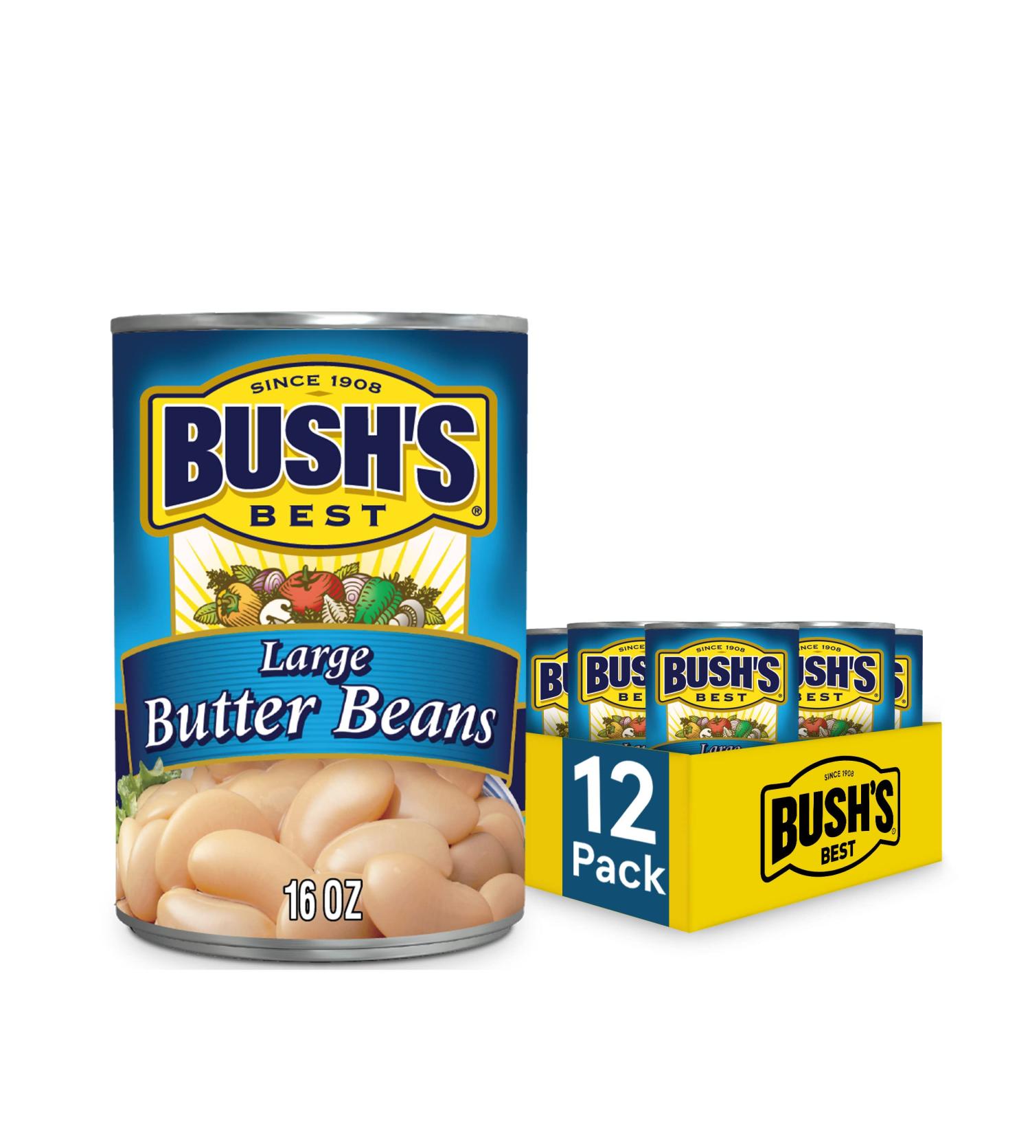 BUSH'S BEST Large Butter Beans (12 Pack) - Plant Based Protein, Fiber, Low Fat, Gluten Free - 16 oz - Buy Online on GoSupps.com