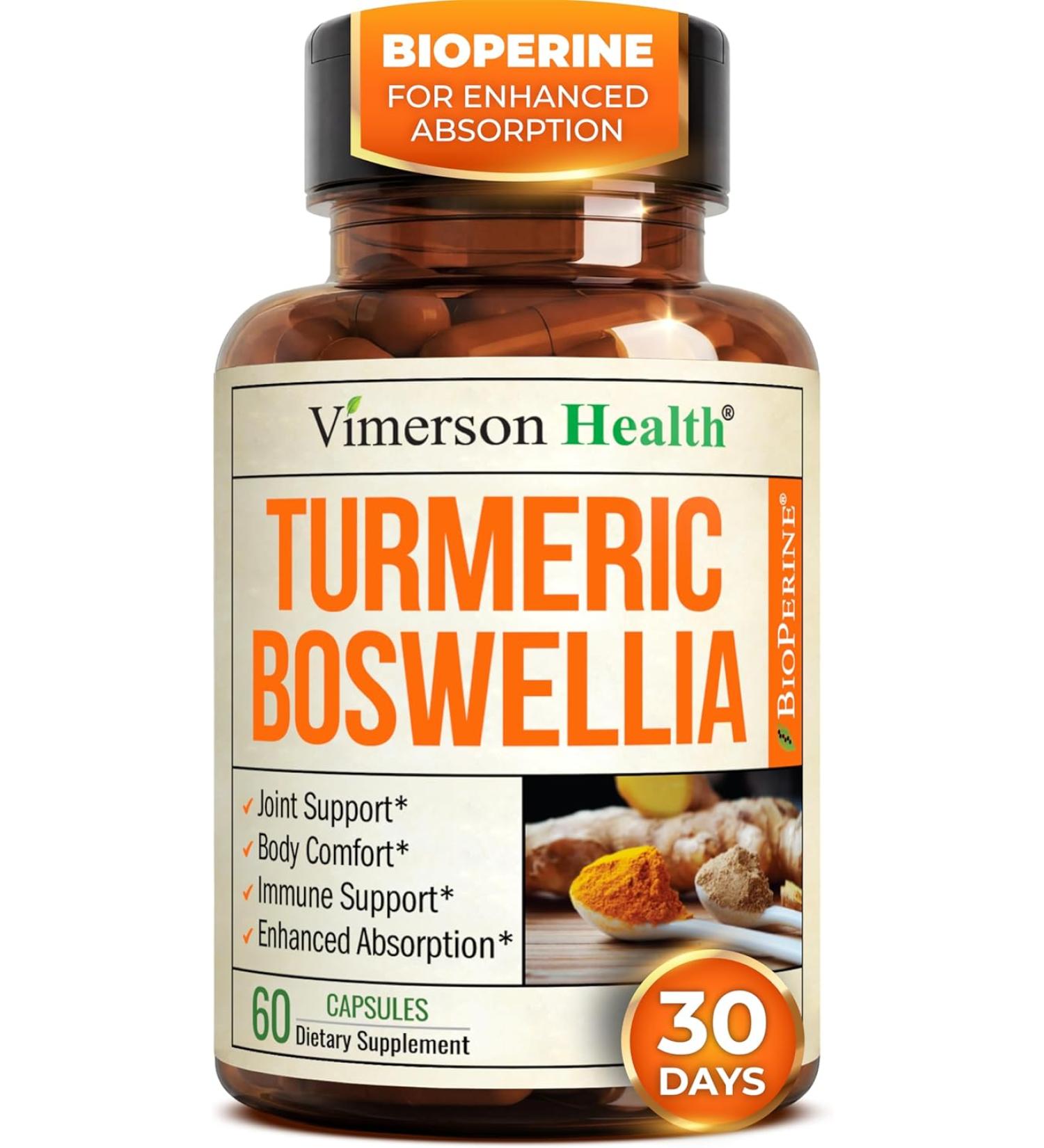 Turmeric Curcumin Boswellia with Ginger & BioPerine - 95% Curcuminoids, Joint & Cartilage Support - 60 Vegan Capsules - Buy Online on GoSupps.com