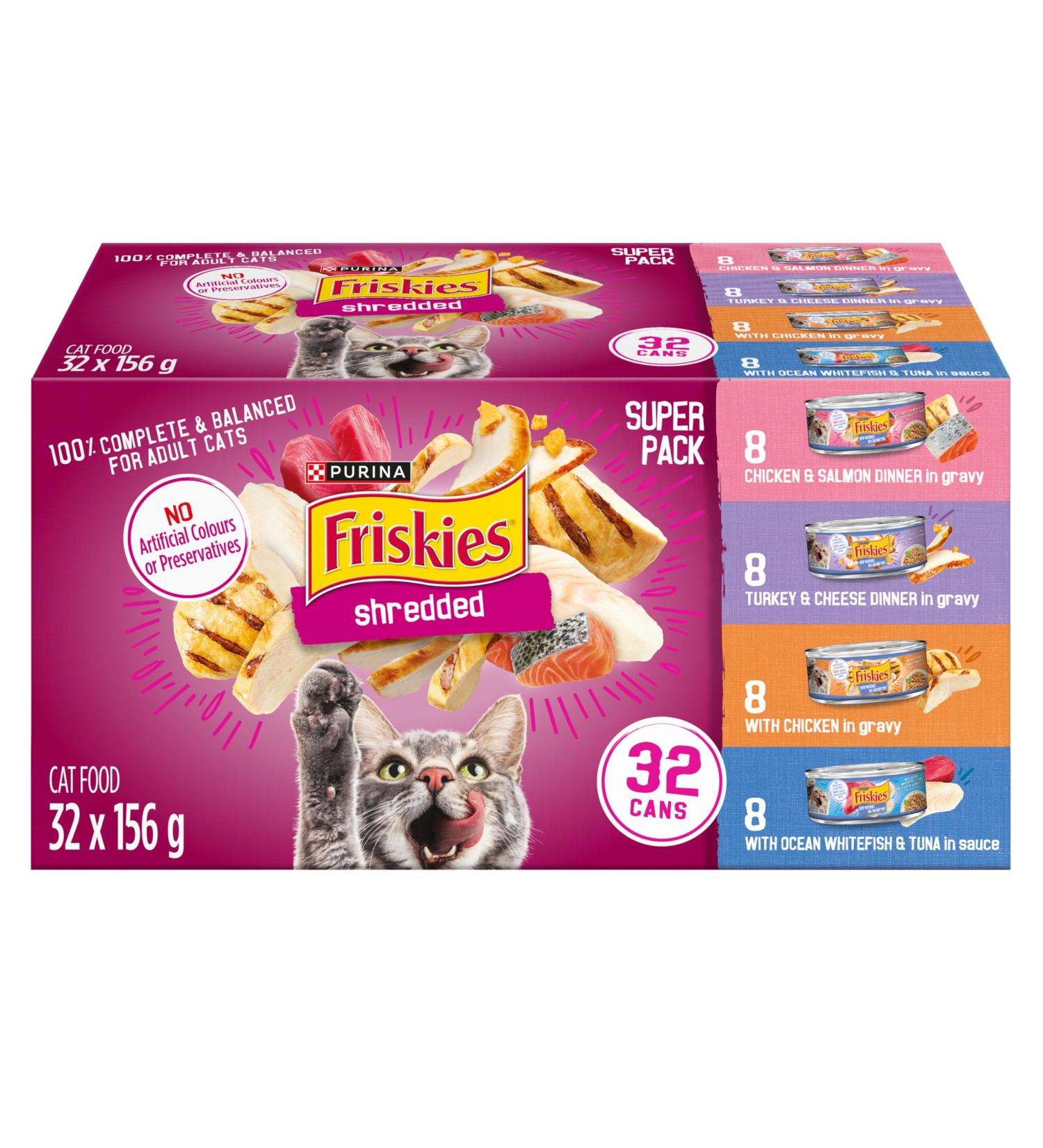 Friskies Shredded Wet Cat Food Poultry & Fish Combo Variety Pack 4 Flavours - 156 g Can (32 Pack) - Buy Online on GoSupps.com