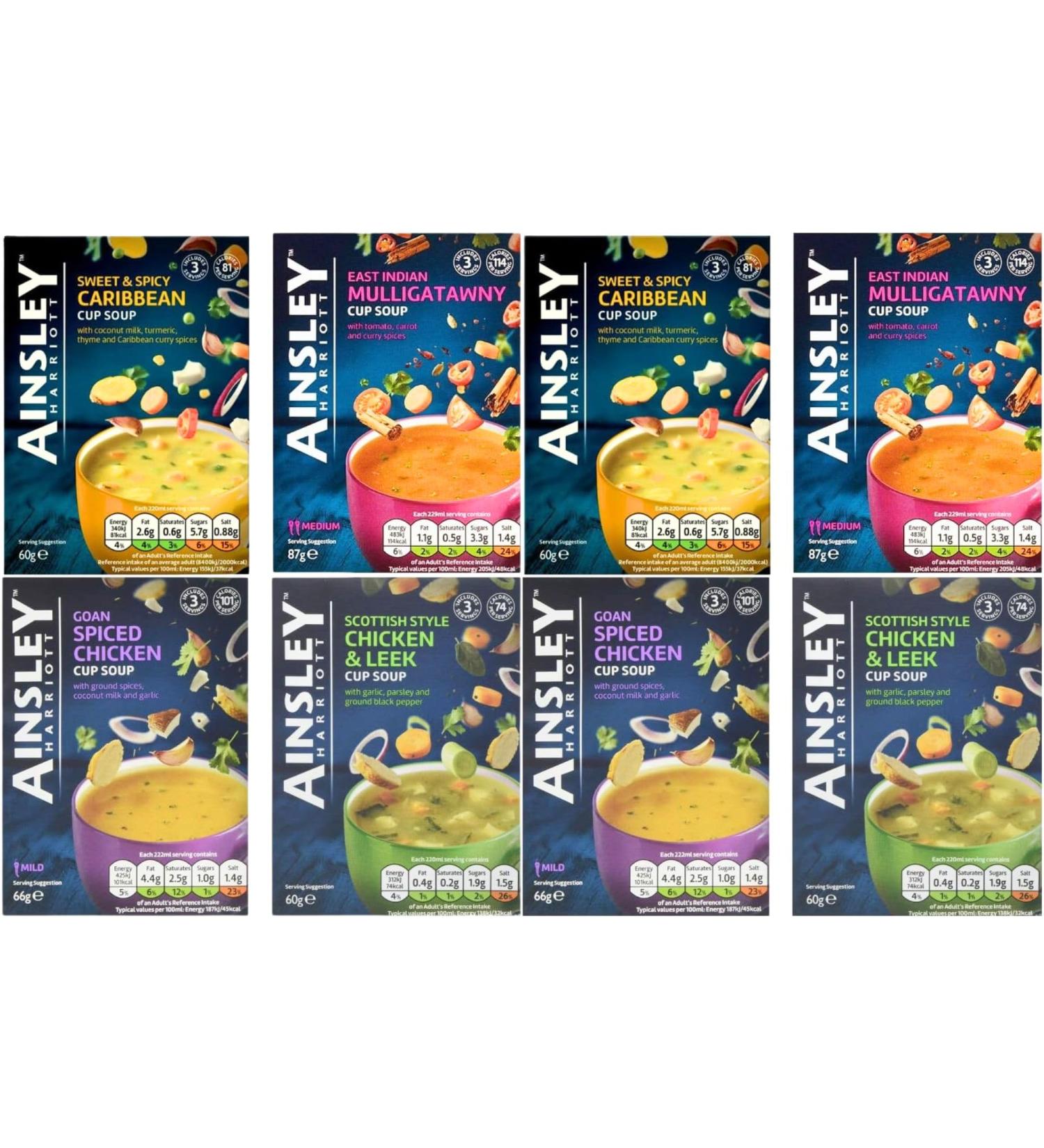 Ainsley Harriott Goan Spiced Chicken Cup Soup 66g Caribbean Cup Soup 60g East Indian Mulligatawny Cup Soup 87g & Scottish Chicken & Leek Cup Soup 60g (8 Pack Mixed Bundle) - Buy Online on GoSupps.com
