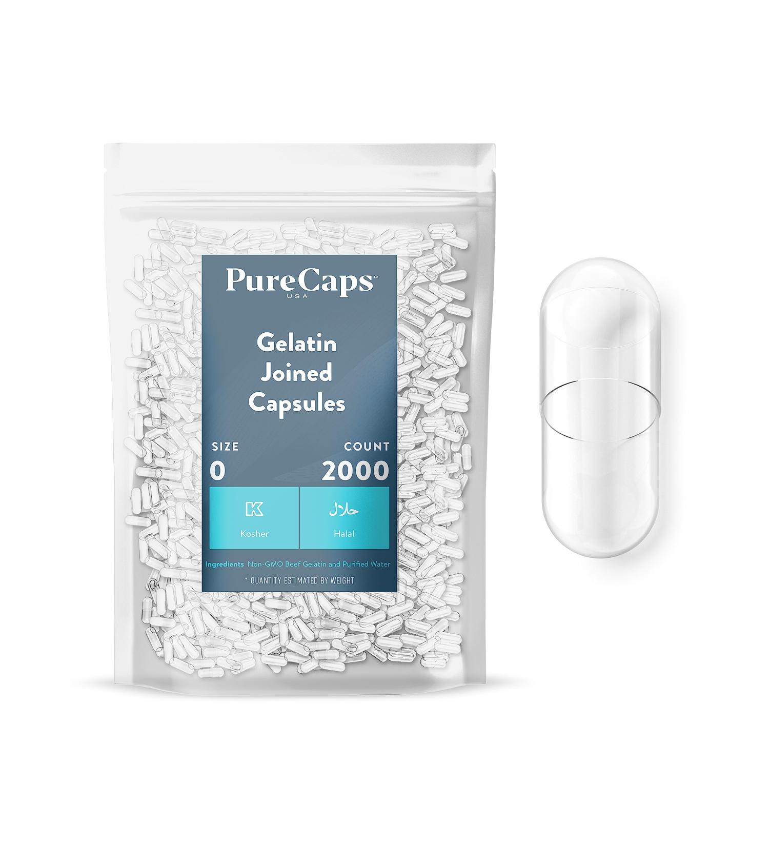 Buy PureCaps USA Empty Gelatin Capsules Size 0 - 2000 Non-GMO Kosher Gluten Free & Halal Certified Beef Gel Pills for International Shipping - Buy Online on GoSupps.com