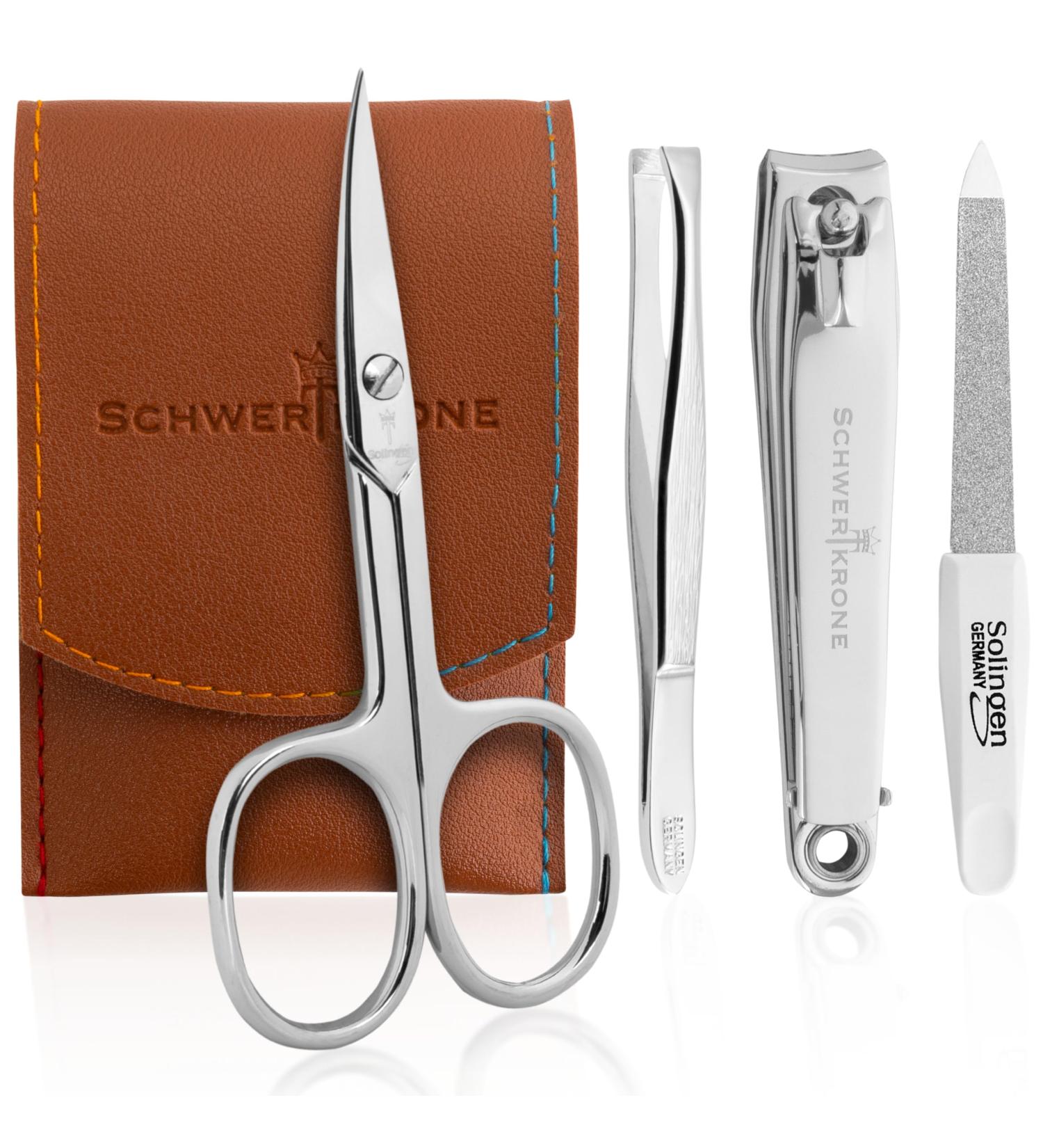 Premium Solingen Travel Nail Care Set - Sword Crown Nail Scissors Nail File Tweezers & Clippers - Made in Germany - Perfect Gift (Brown 4-Piece) - Buy Online on GoSupps.com