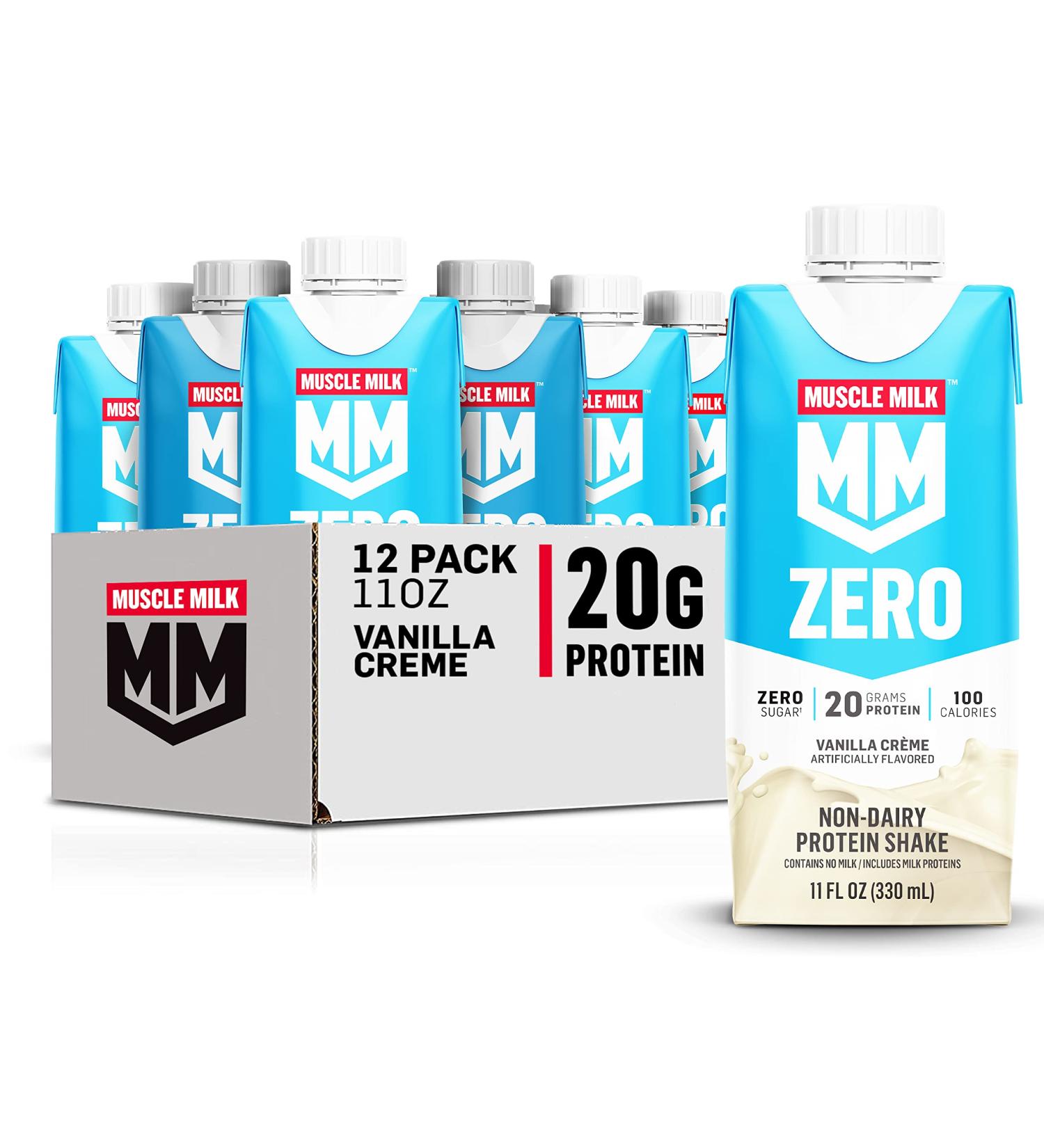 Muscle Milk Zero Protein Shake  Vanilla Crme  11 Fl Oz Carton  12 Pack  20g Protein  Zero Sugar  100 Calories  Calcium  Vitamins A  C & D  4g Fiber  Energizing Snack  Packaging May Vary 12 Count (Pack of 1) - Buy Online on GoSupps.com