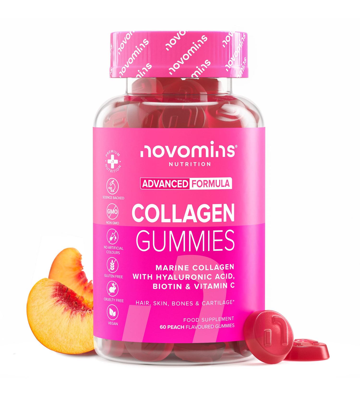 50mg Marine Collagen Gummies - Hydrolysed Collagen Peptides with Hyaluronic Acid Vitamin C & Biotin - More Convenient Than Collagen Powder - Collagen Supplements for Women - 60 Gummies - Novomins - Buy Online on GoSupps.com