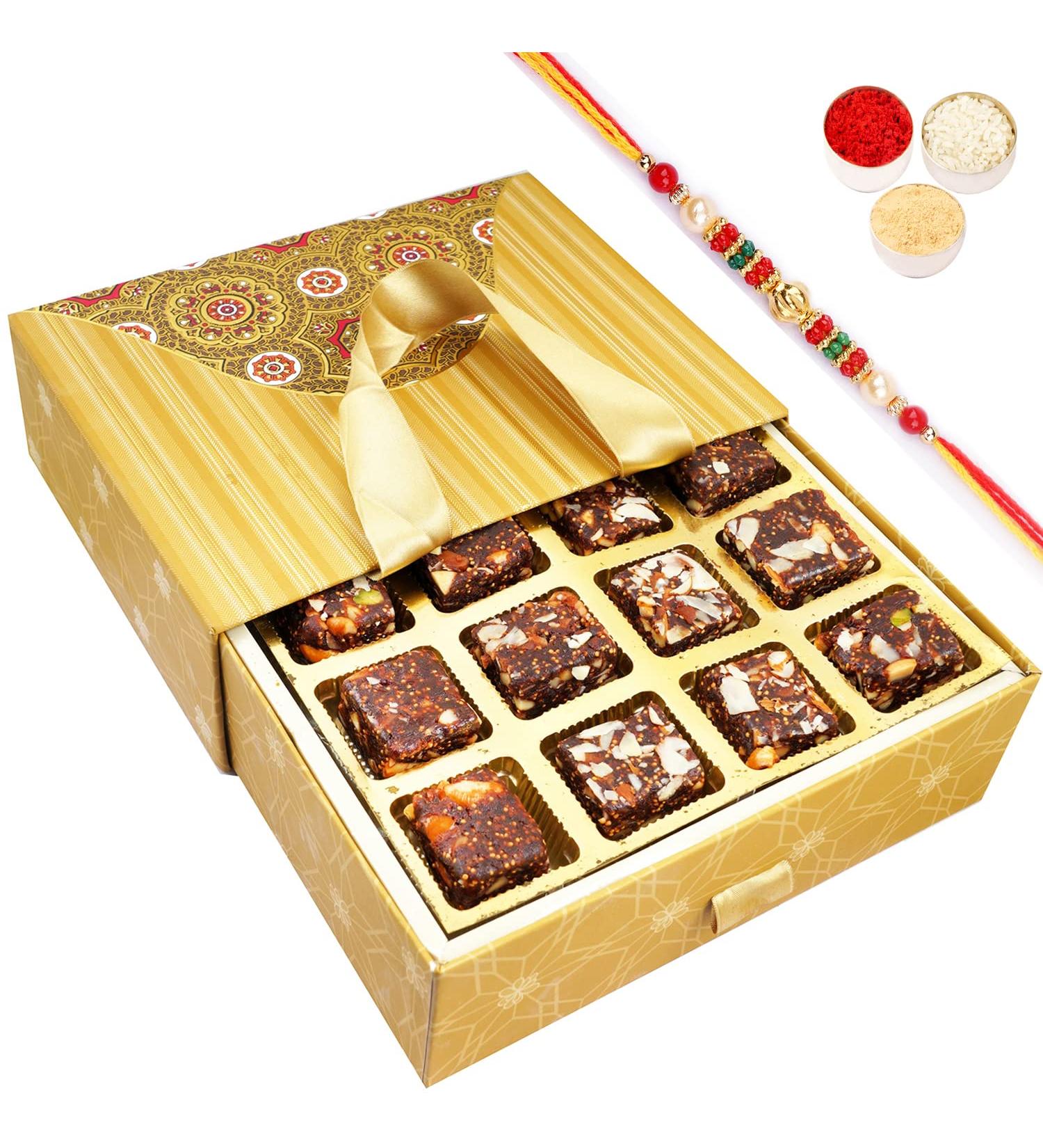 Ghasitaram Gifts Rakhi Gifts for Brothers Bag Box with Sugarfree Bites with Beads Rakhi Bag Box with Sugarfree Bites with Rakhi - Buy Online on GoSupps.com
