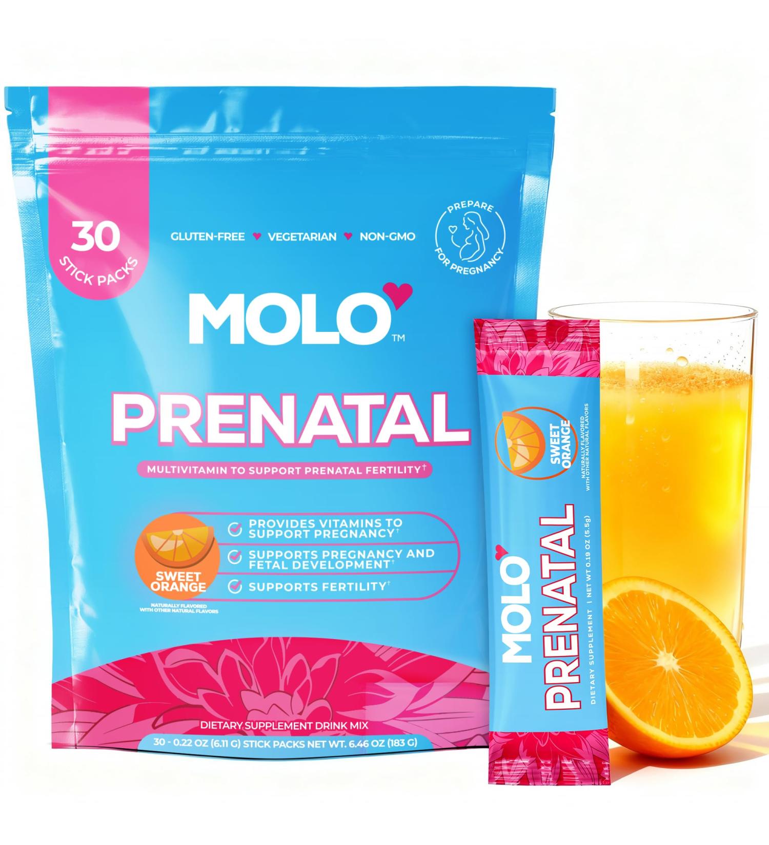 MOLO Prenatal Multi-Vitamin Drink Mix for Women Packed with essential vitamins & antioxidants DHA Omega-3 Methylfolate 30 Stick Packs with Sweet Orange Flavor Vegetarian Gluten-Free & Non-GMO - Buy Online on GoSupps.com
