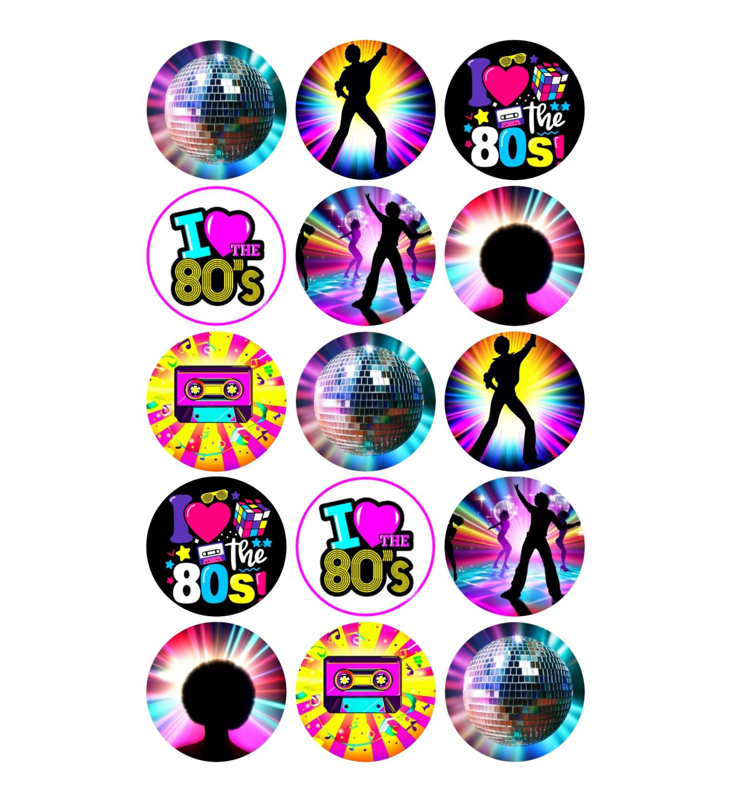 15 x 80's Mix Edible Wafer or Icing Cupcake Toppers Fun Party Cake Decorations (Edible Wafer Card)