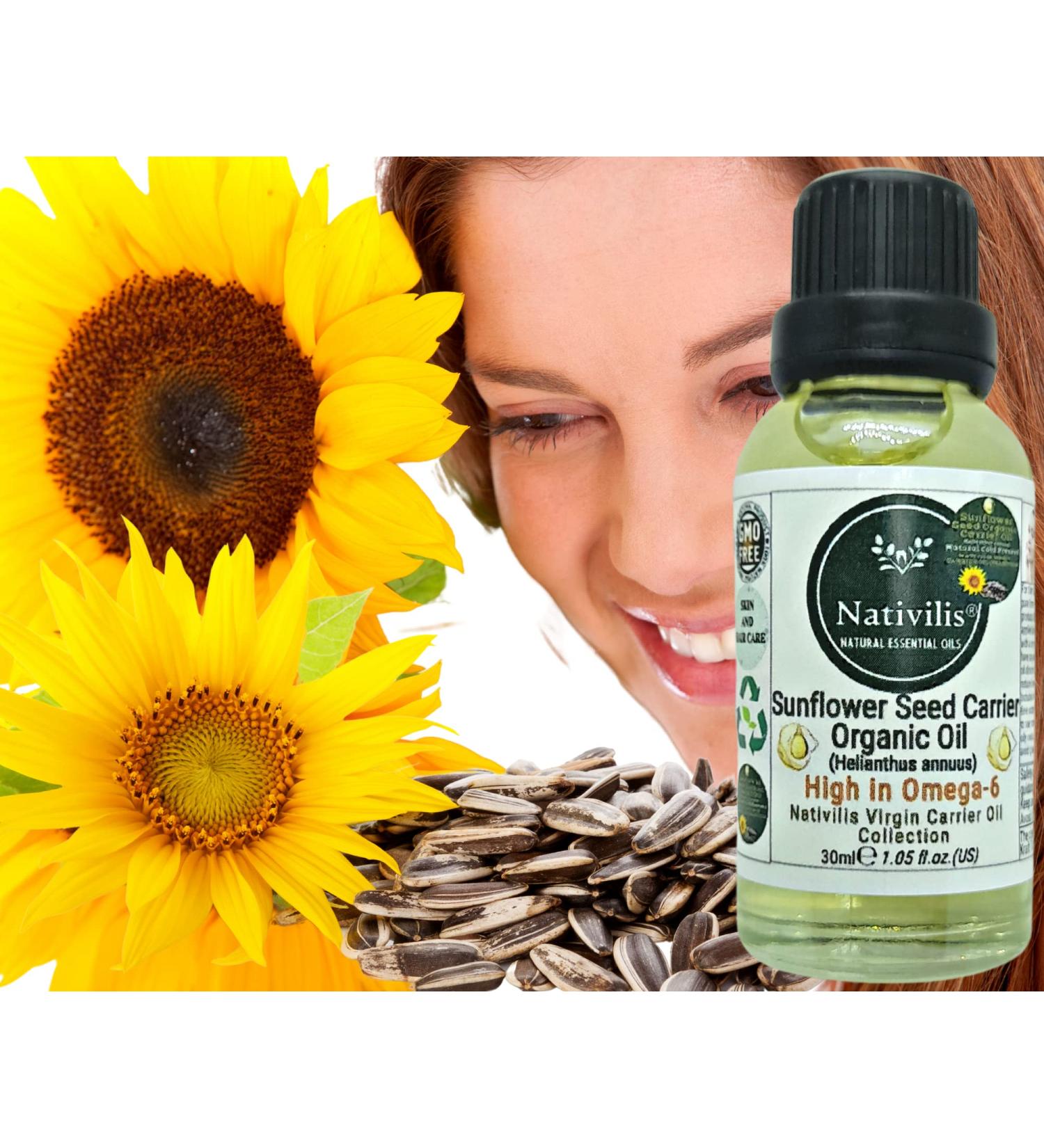 Nativilis Organic Sunflower Seed Carrier Oil (Helianthus annuus) Omega 6 Hair Face & Skin - Natural Cold Pressed - Non-comedogenic - Promotes Moisture Retention in Skin and Hair Acne-Prone Copaiba - Buy Online on GoSupps.com