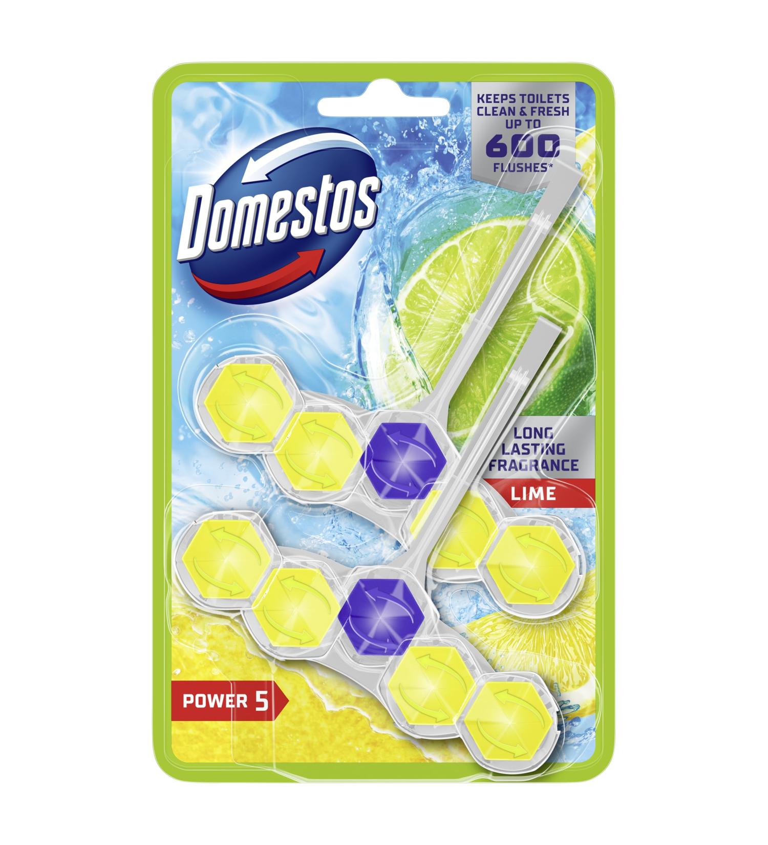 Domestos Power 5 Lime Toilet Rim Blocks toilet freshener with a long-lasting fragrance clean and freshen for up to 300 flushes 2x 50 g - Buy Online on GoSupps.com