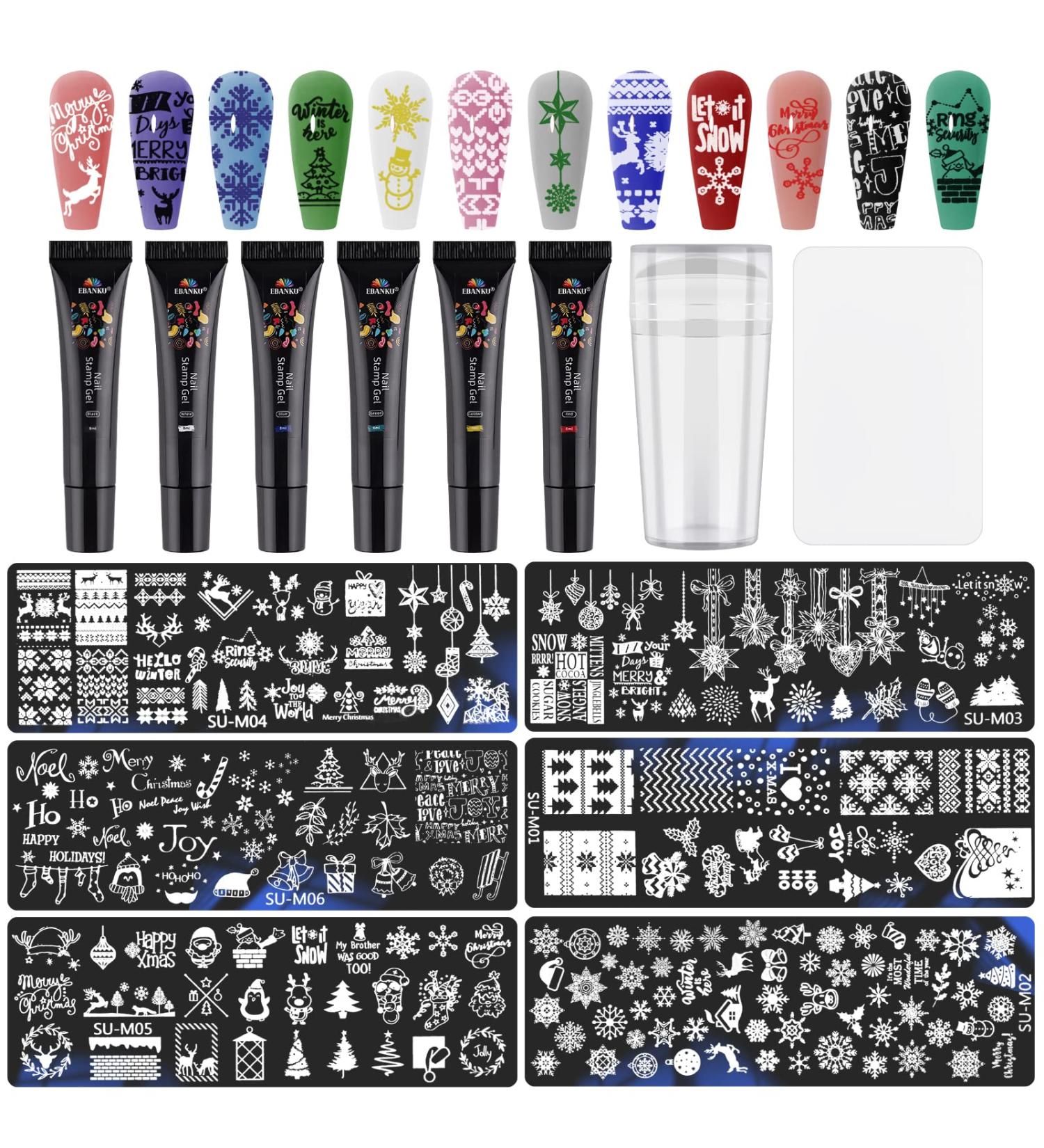 12PCS Christmas Nail Stamper Kit EBANKU 6 Colors Nail Stamping Gel Polish with 6pcs Nail Stamping Templates with Silicone Stamper & Scrapers Snowflakes Santa Trees Nail Plate Print Manicure Tool 0.08 ml (12er Pack) - Buy Online on GoSupps.com