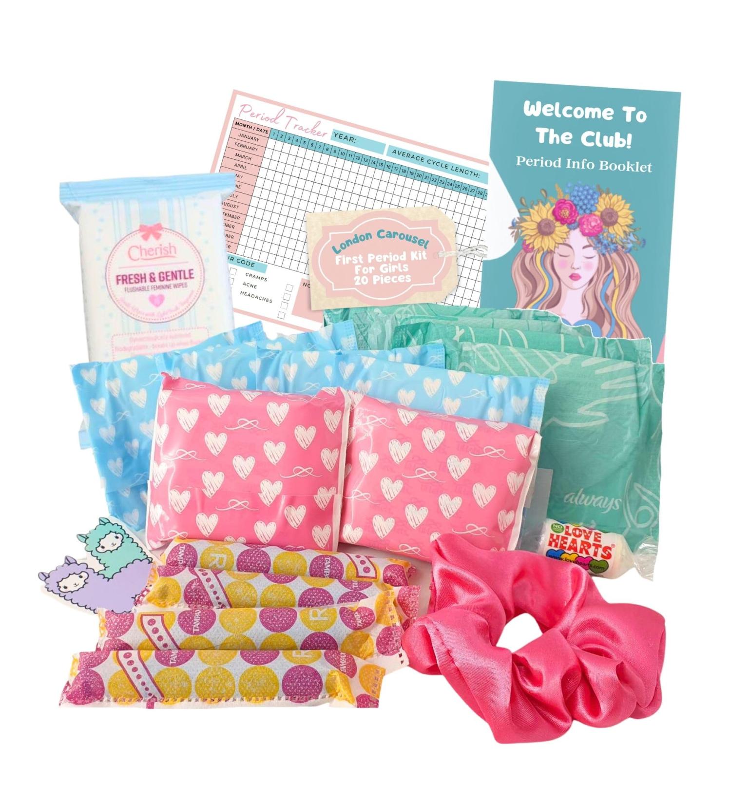 Girls First Period Kit - Lil-Lets Teen Pads, Always Pads, Tampax Tampons, Panty Liners, Feminine Wipes, Scrunchie, Info Flyer & Tracker - Buy Online on GoSupps.com