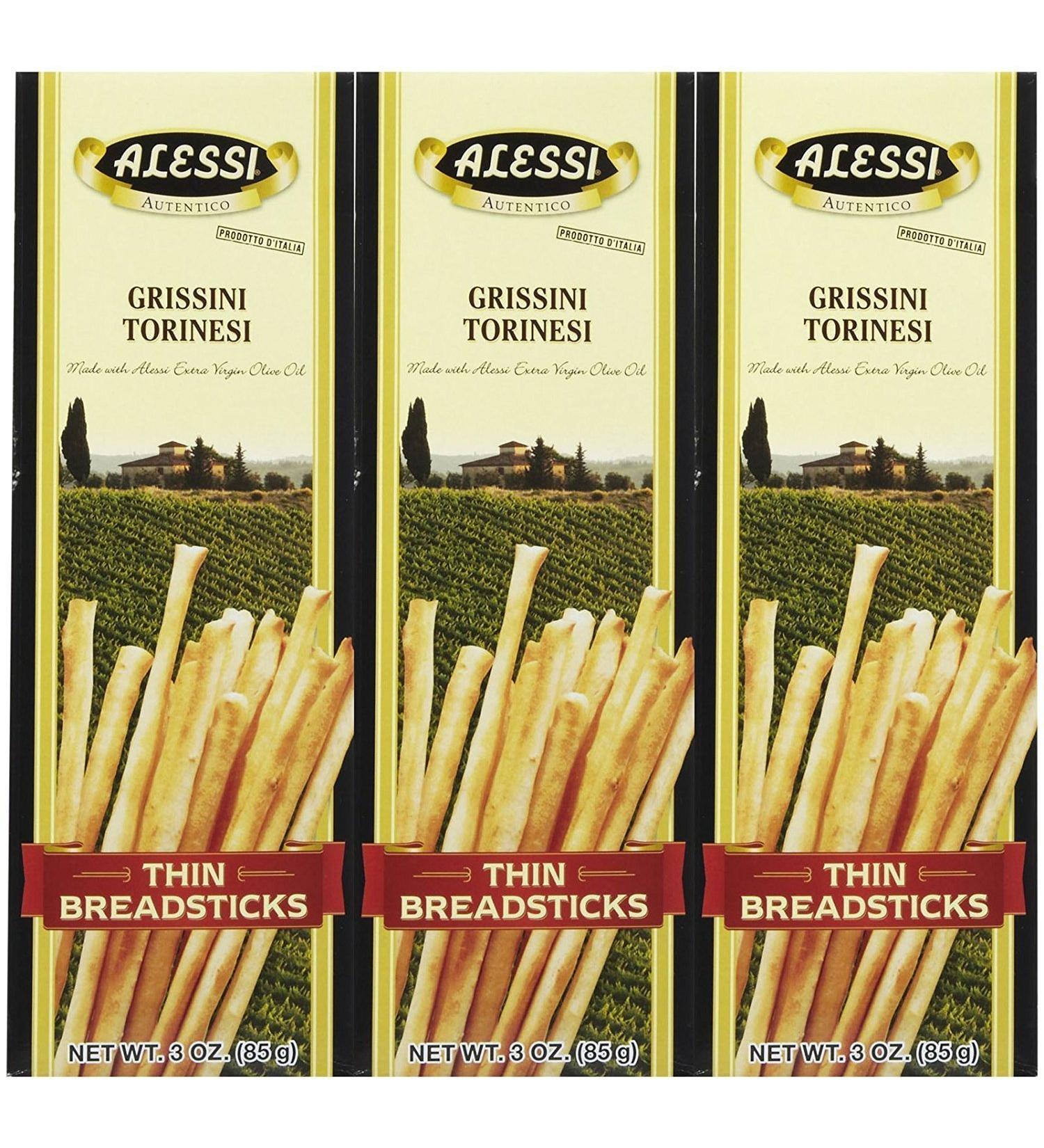 Alessi Imported Breadsticks, Thin Autentico Italian Crispy Bread Sticks, Low Fat Made with Extra Virgin Olive Oil, 3oz (Thin, 3 Ounce (Pack of 3)) Thin 3 Ounce (Pack of 3)