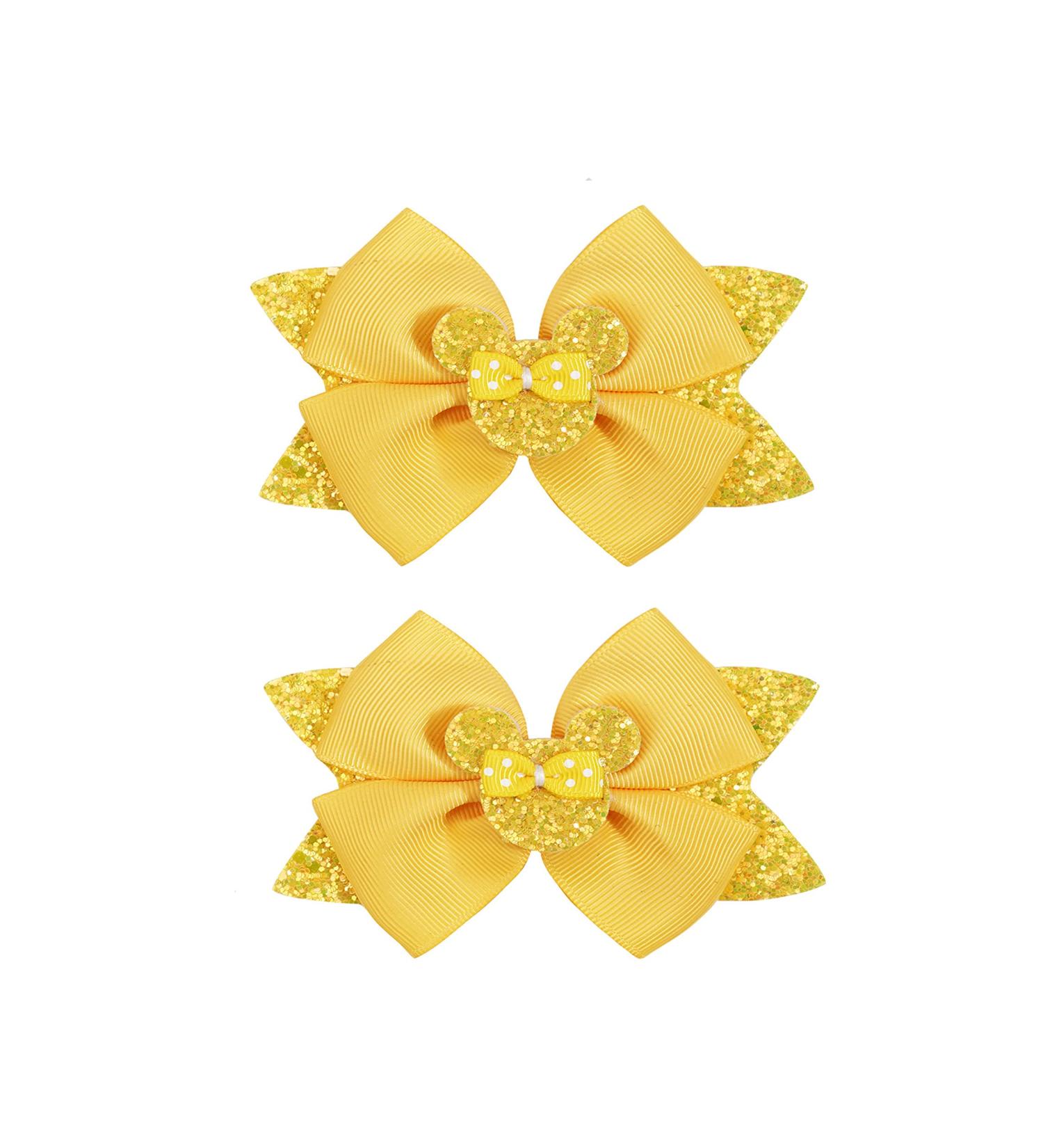 2 pcs 4.5Mouse Ears Hair Bows Clips for Kids Baby Girls Women  Glitter Party Princess Decoration Cosplay Birthday Christmas Party.(FJ40) (Yellow)