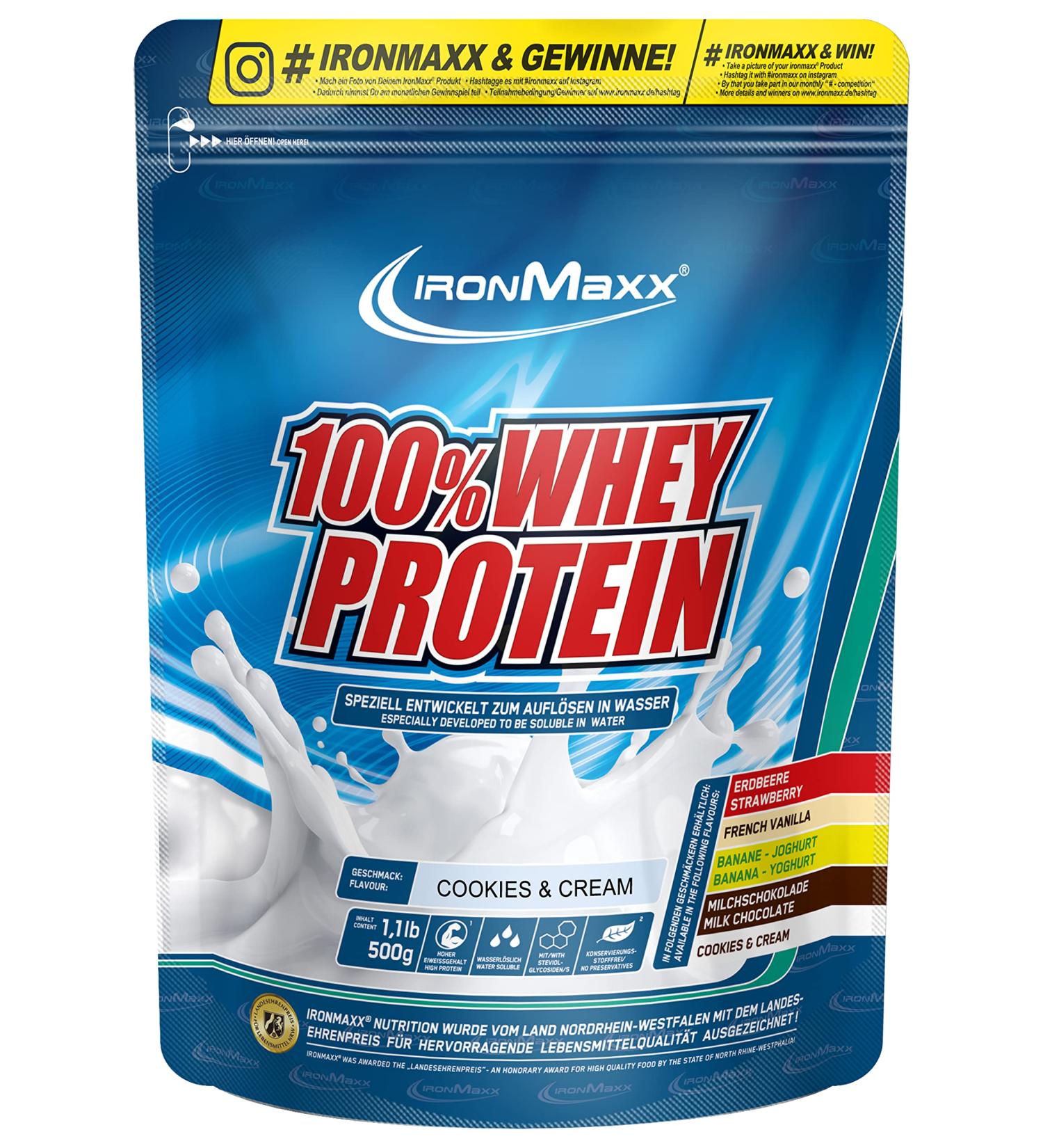 Buy Ironmaxx 100% Whey Protein Powder - Cookies and Cream 500g | Water-Soluble Reduced Sugar | Shop All Flavors Online - Buy Online on GoSupps.com