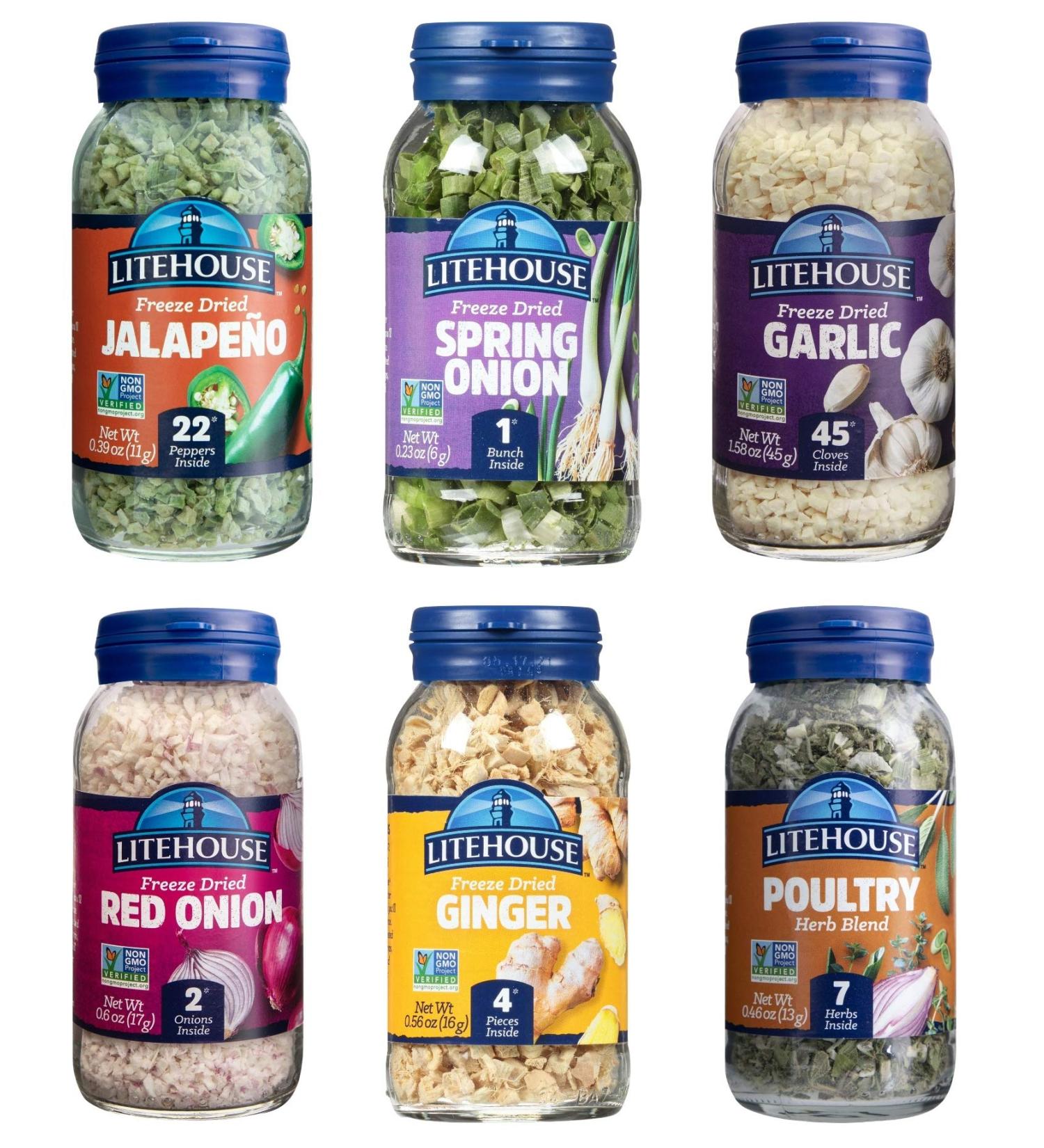 Litehouse Freeze-Dried Herb Pantry Staple 6-Pack - Garlic, Jalapeno, Spring Onion, Ginger, Red Onion, Poultry Herb Blend - Buy Online on GoSupps.com