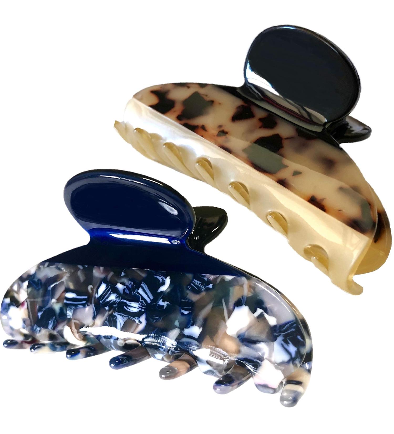 YOU BEAUTIFUL 2 Pack Exquisite Hair Claw Clips - Strong Hold Celluloid Acetate Jaw Clamps for Women - Blue Leopard Print - Includes Protective Jewelry Bag - Buy Online on GoSupps.com