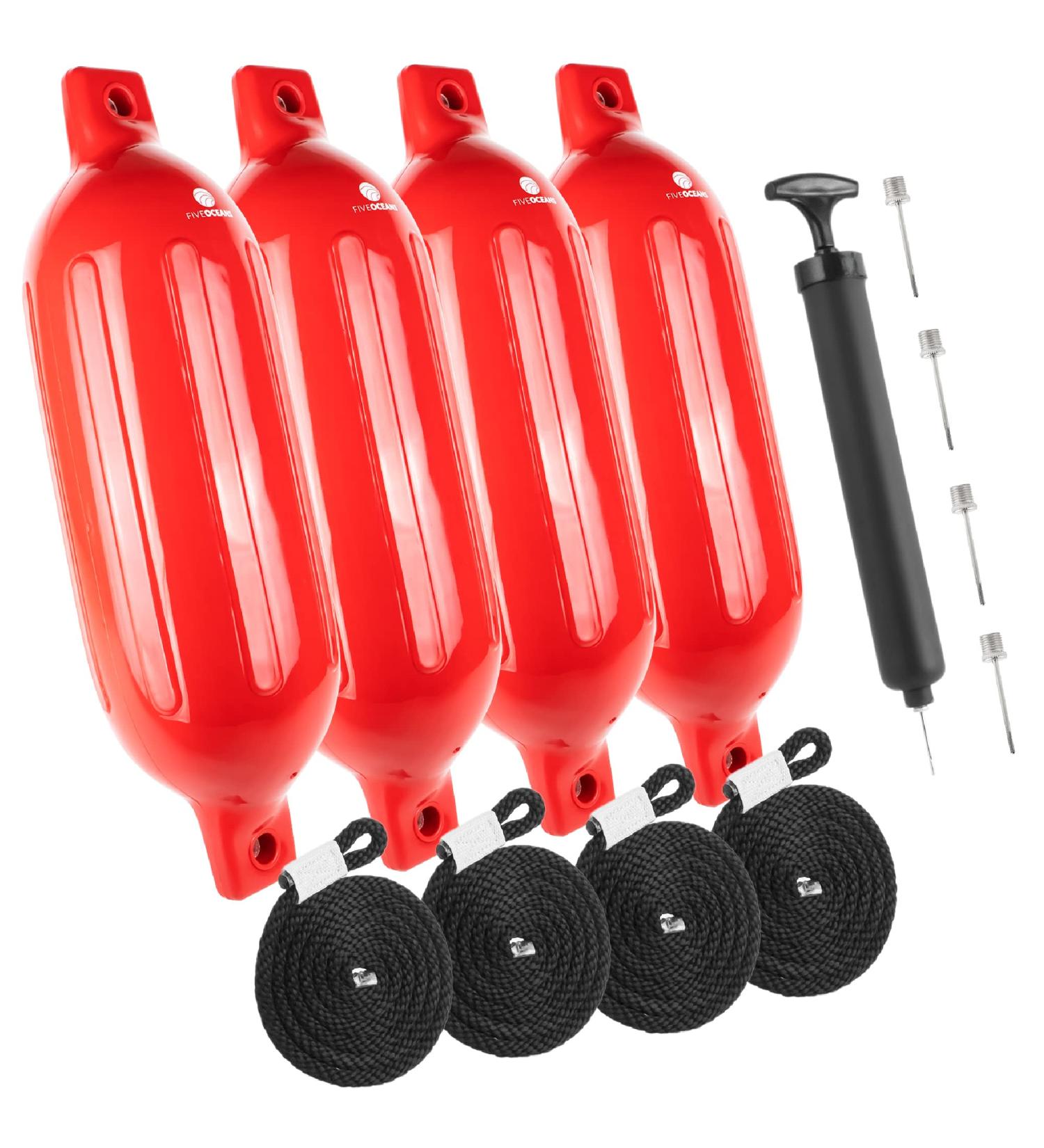 Five Oceans Boat Fenders 4 Pack - Marine Inflatable Ribbed Boat Bumpers for Docking - Includes 4 Ropes, Inflator Pump, and Needles - Ideal for Pontoon, Fishing, Bass, Sport Boats, Sailboats - 4.5 x 16 Inch Red - Buy Online on GoSupps.com