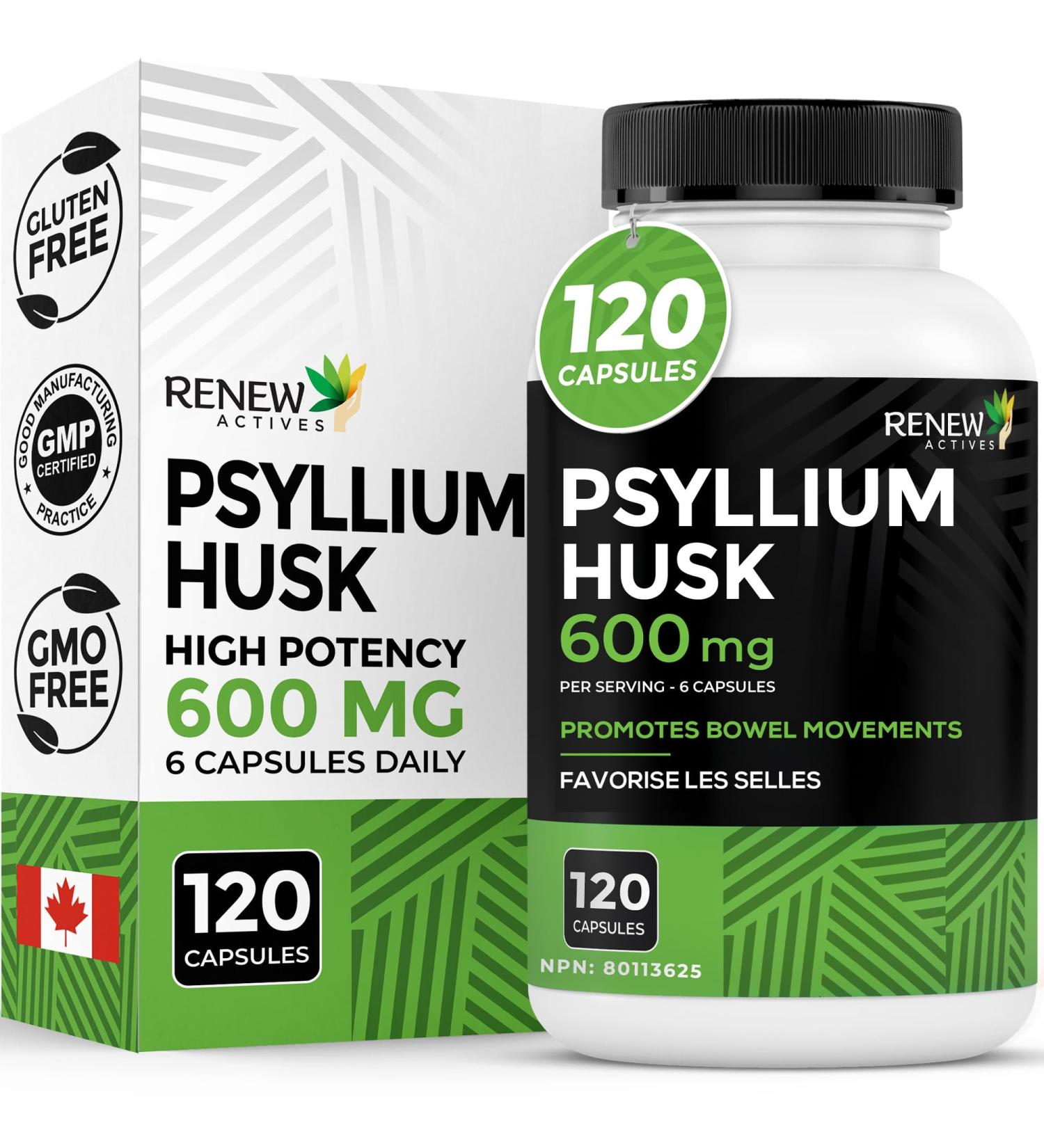 Renew Actives Psyllium Husk 1200MG per 2 Capsules Bulk-Forming Laxative & Soluble Fiber for Digestive Health Regularity & Adult Wellness Pure Ingredients Made in Canada 120 Capsules - Buy Online on GoSupps.com