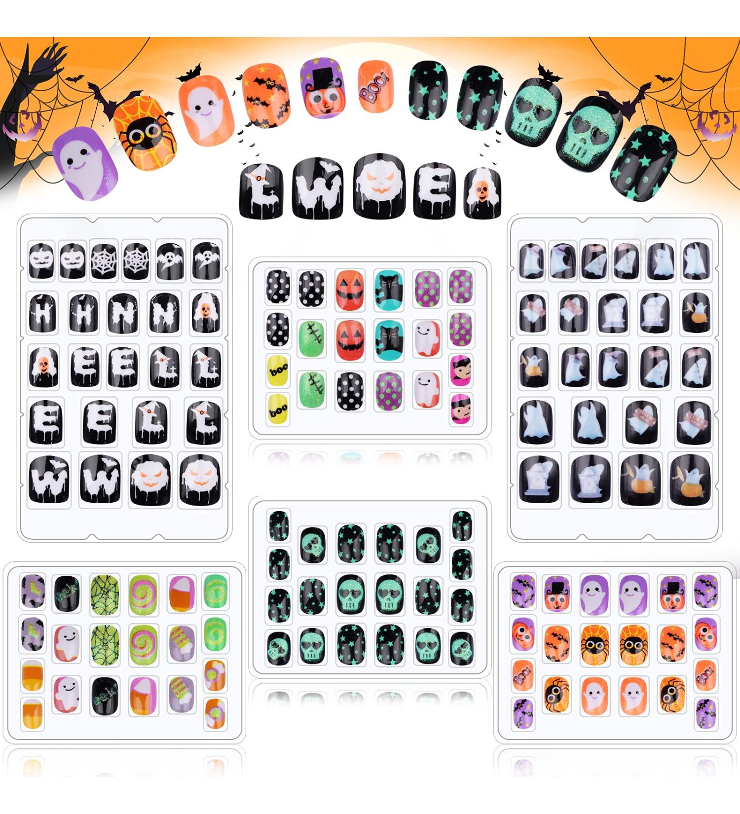 128 Pieces Halloween Artificial Nails for Kids | Ebanku Press-On Nail Art | Spider Pumpkin & Skull Designs for Girls - Buy Online on GoSupps.com