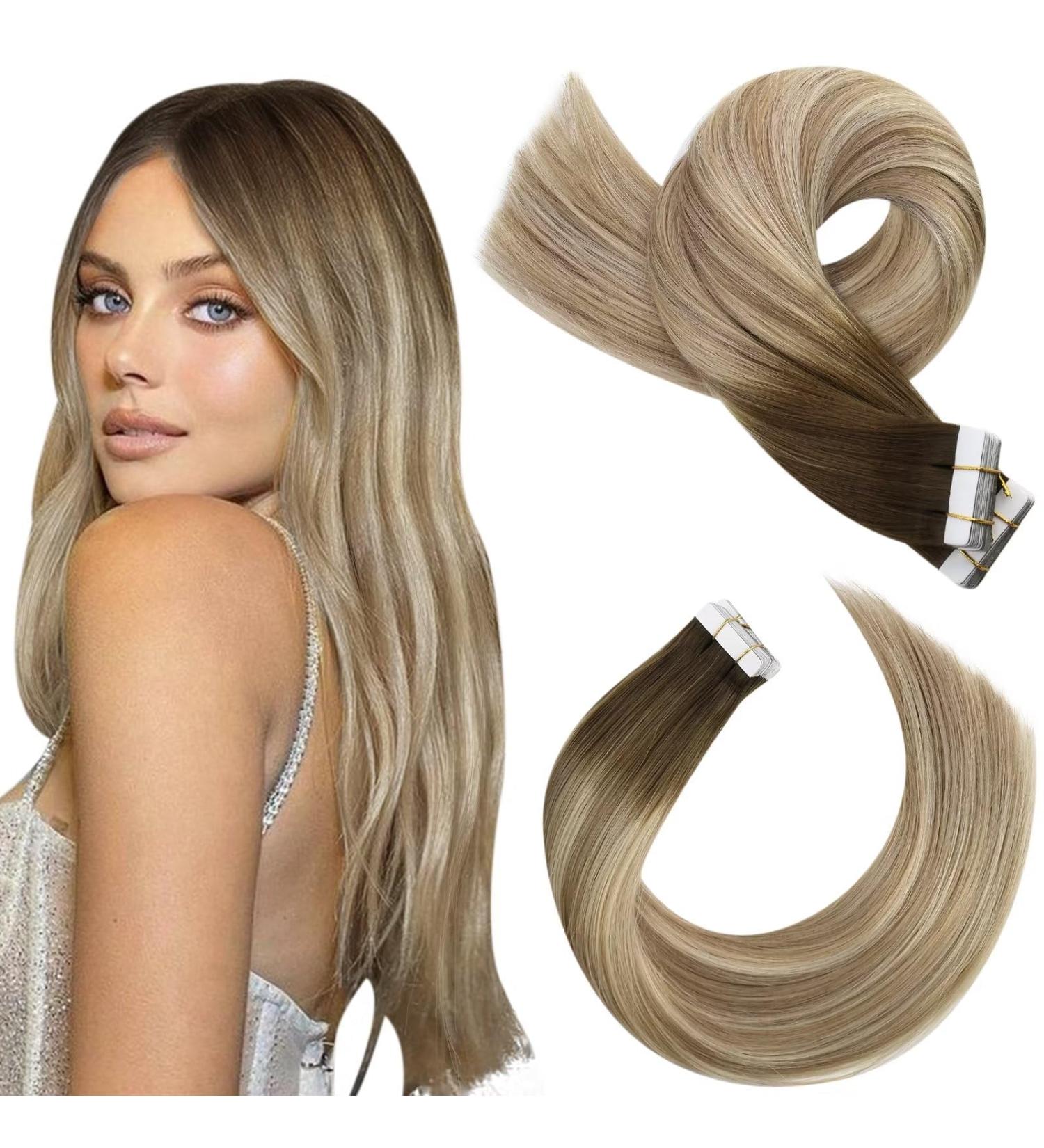 Moresoo 20 Inch Tape in Human Hair Extensions Balayage Brown to Chestnut Brown/Medium Blonde #3/8/22 - 20 Pieces/50g - Real Hair Extensions - Buy Online on GoSupps.com