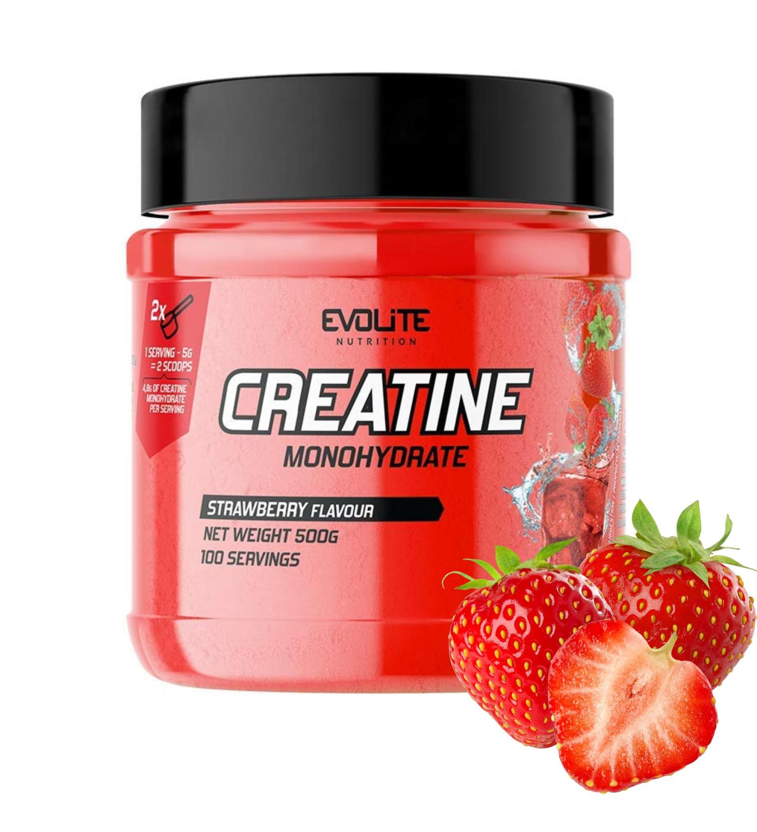 Evolite Nutrition Creatine Monohydrate 500g - Strawberry Flavor Pre Workout Booster Powder with Taurine - Best Creatine for Muscle Gain & Performance - Buy Online on GoSupps.com