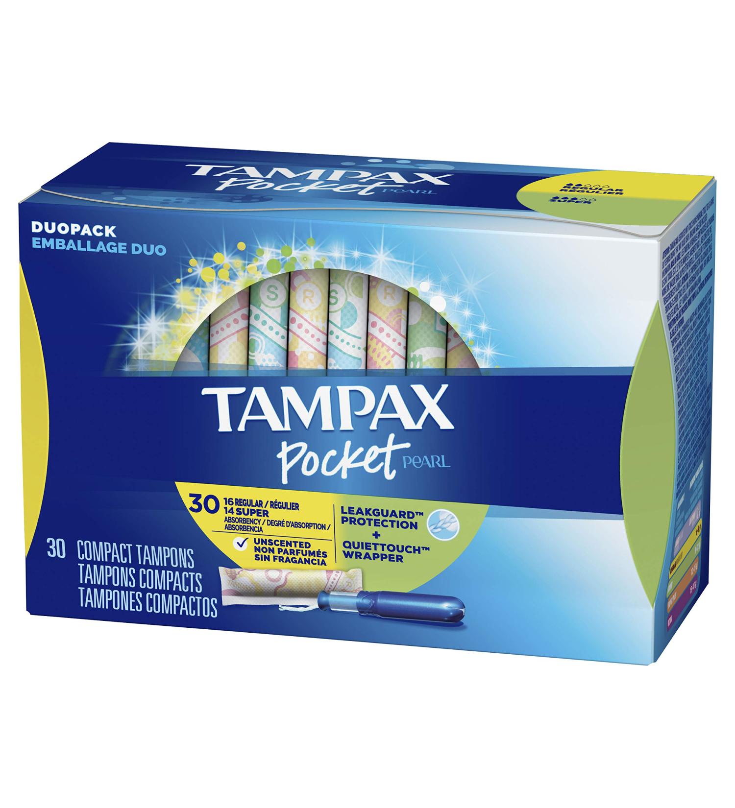 Tampax Pocket Pearl Tampons Duopack - Regular/Super Absorbency, Unscented - 30 Count Pack - Buy Online on GoSupps.com
