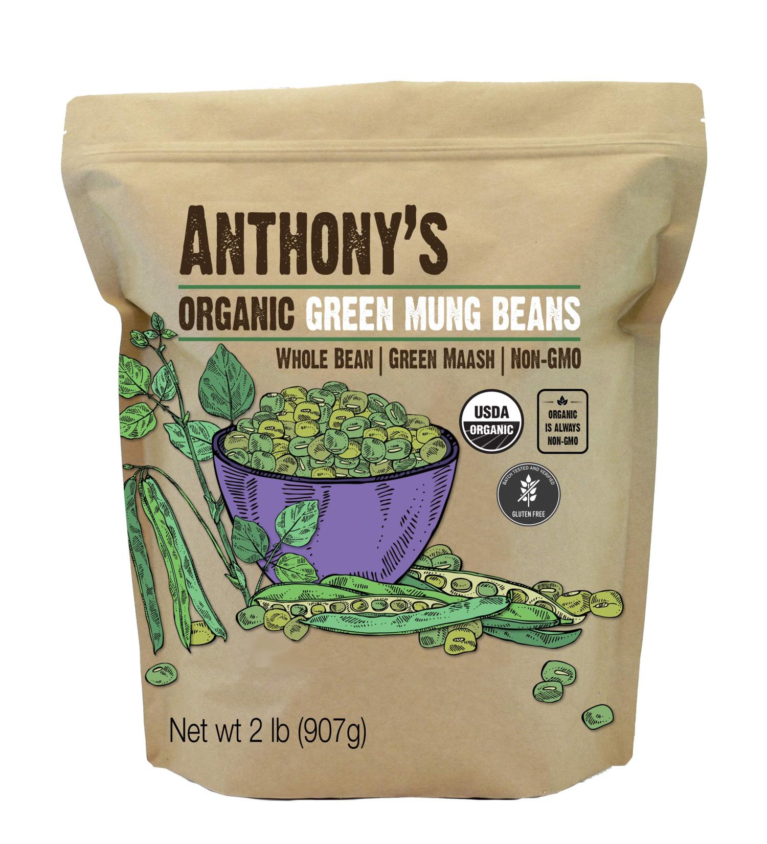 Anthony's Organic Whole Green Mung Bean 2 lb - Gluten Free, Non GMO, Vegan - Green Maash - Buy Online on GoSupps.com