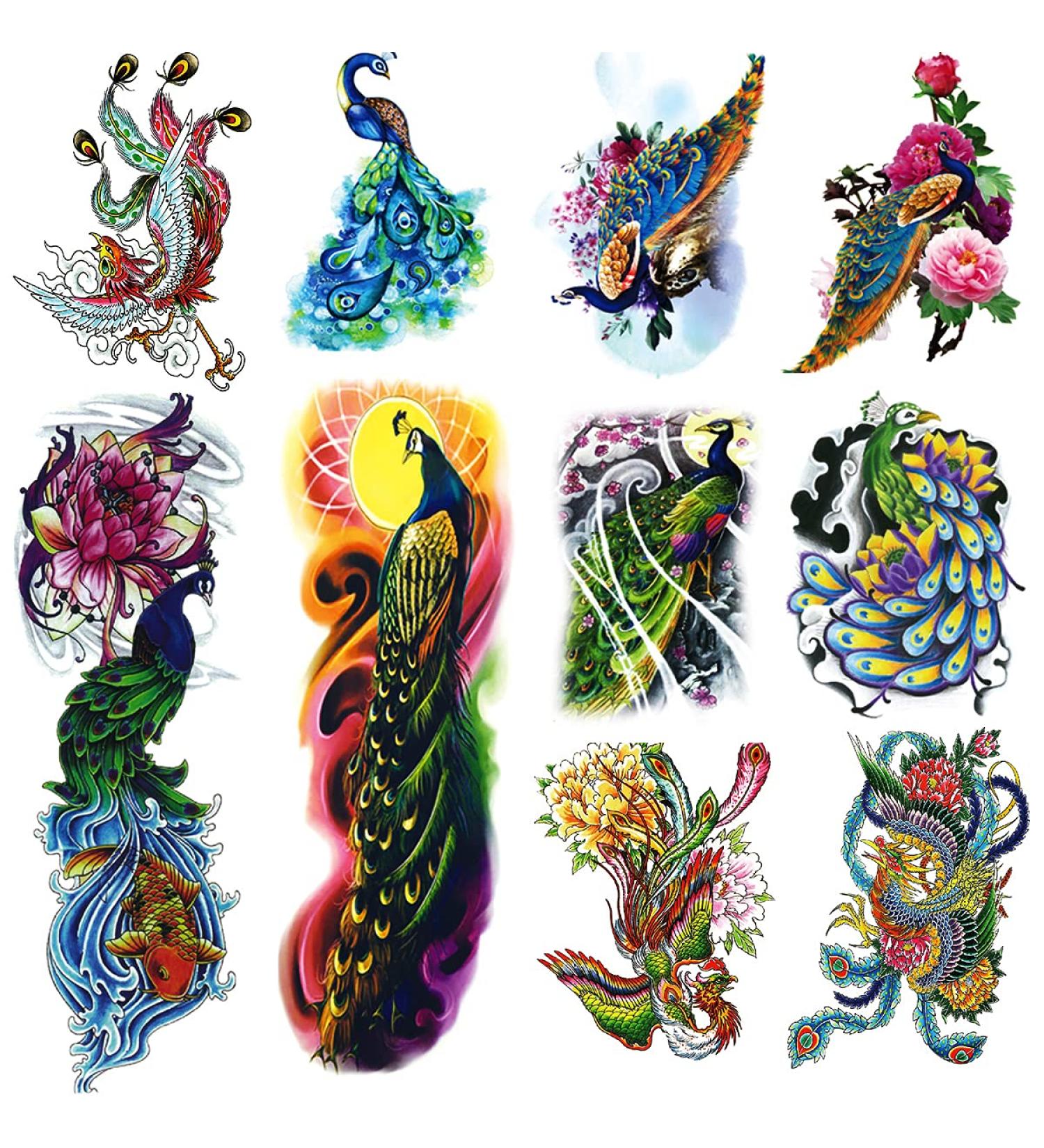 Peacock Arm Sleeve Temporary Tattoos for Women & Men - 8-Sheet Set - Buy Online on GoSupps.com