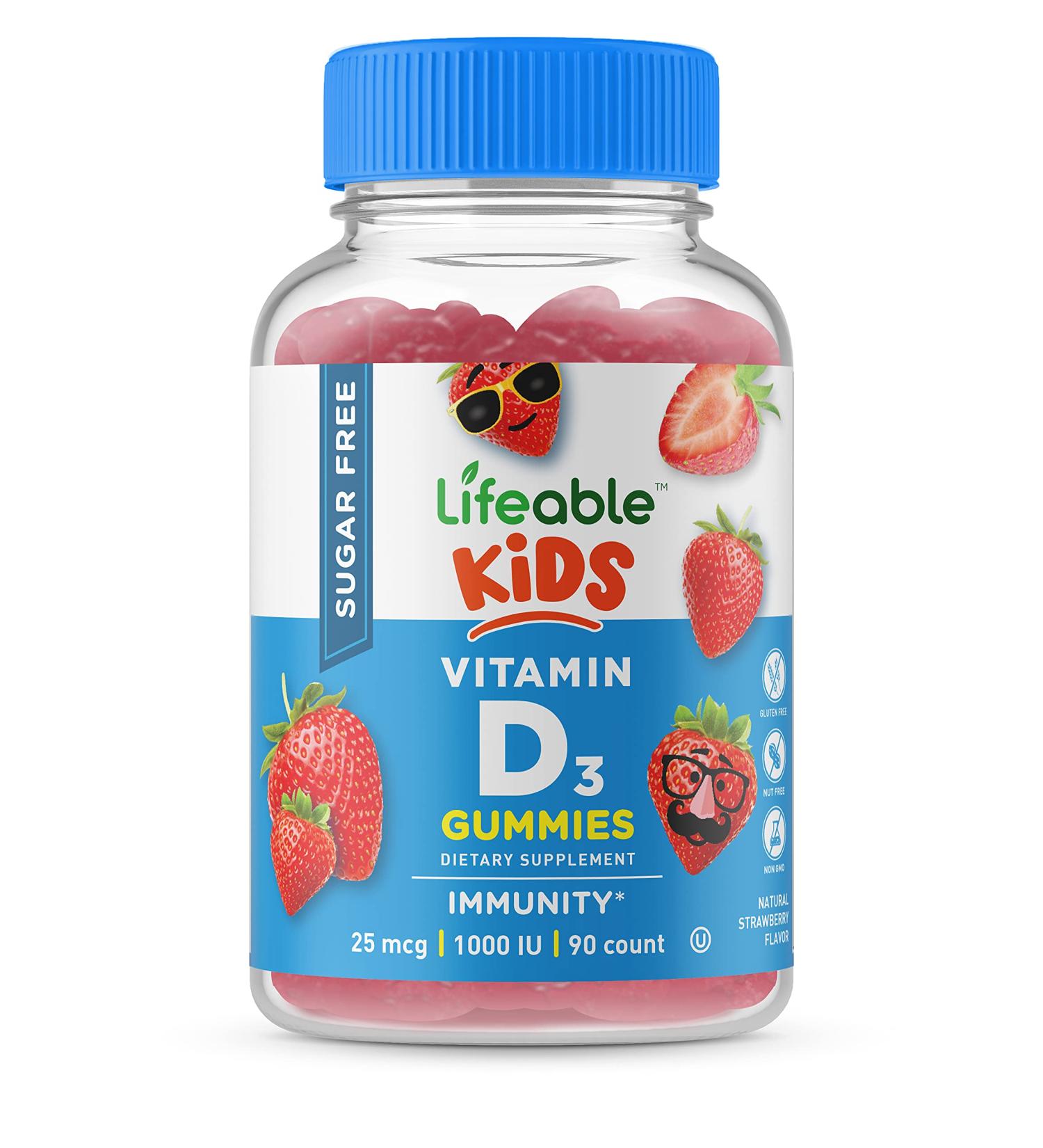 Lifeable Sugar Free Vitamin D for Kids 1000 IU Gummy Supplement - Gluten Free, Vegetarian Chewable for Strong Bones - 90 Gummies - Buy Online on GoSupps.com