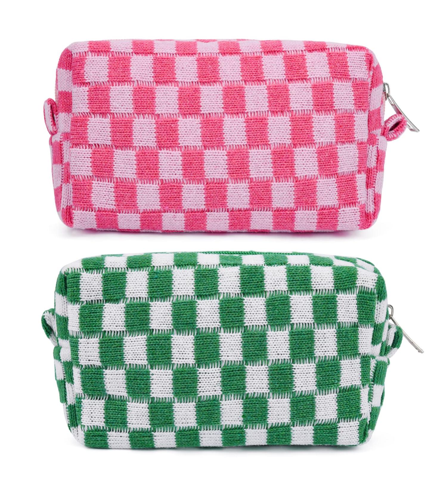 SOIDRAM Checkered Makeup Bag Set - Pink Green Cosmetic Organizer for Women - Travel Toiletry Pouch with Cute Brushes Storage - 2 Pieces, Green & Rose Red - Buy Online on GoSupps.com