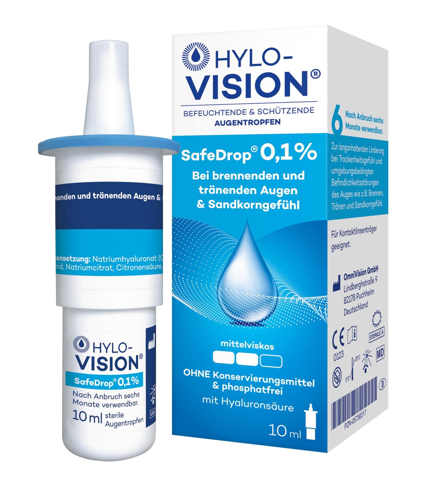 Hylo-Vision Safedrop 0.1% Eye Drops - Moisturizing Relief for Dry Eyes Burning & Tears - Preservative-Free Contact Lens Friendly 10 ml - Buy Online on GoSupps.com