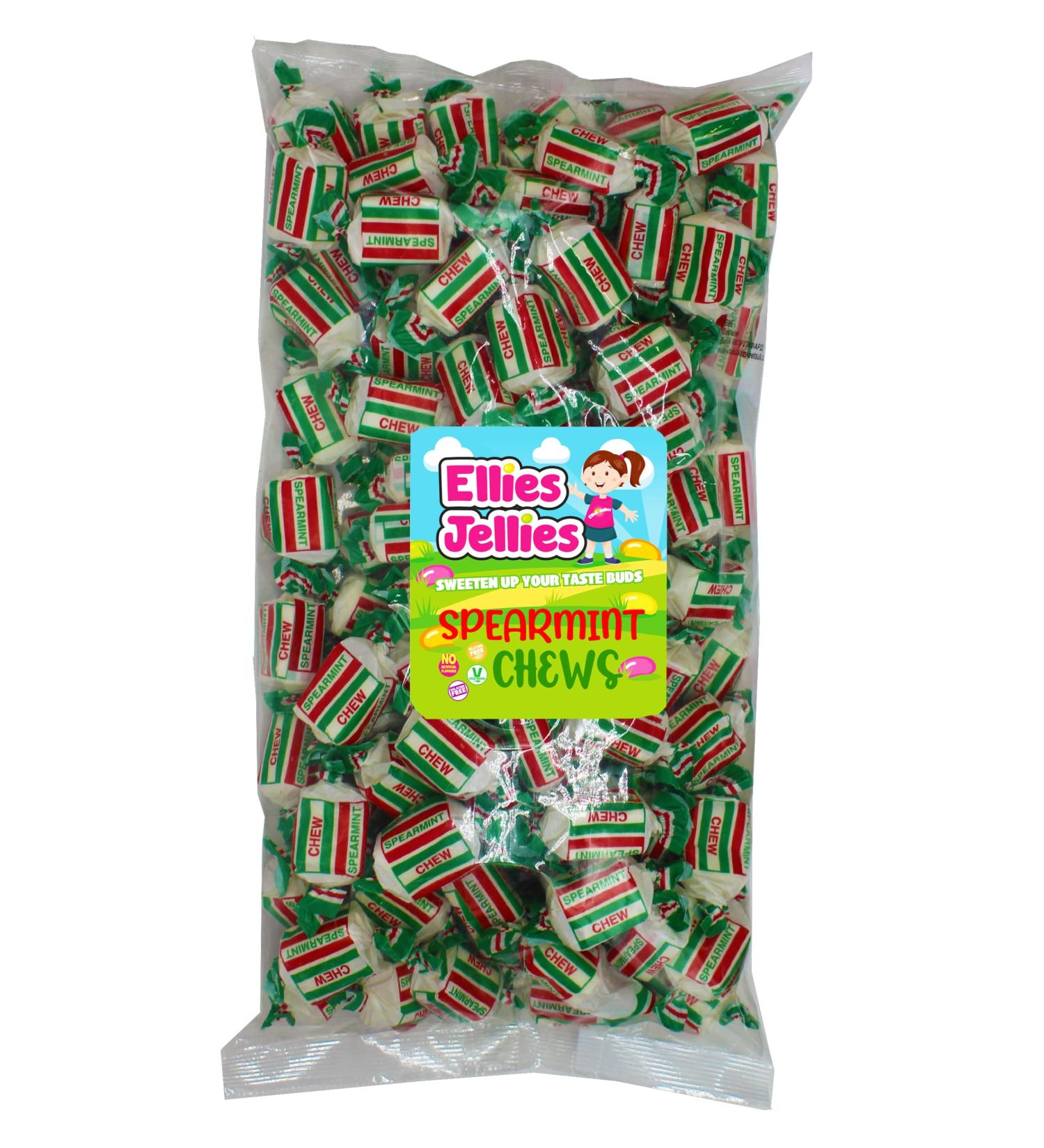 Ellies Jellies Spearmint Chews -1Kg Bag- Tamper Proof- Individually Wrapped -Red and Green Colored Wrap - Minty Chewy Sweets