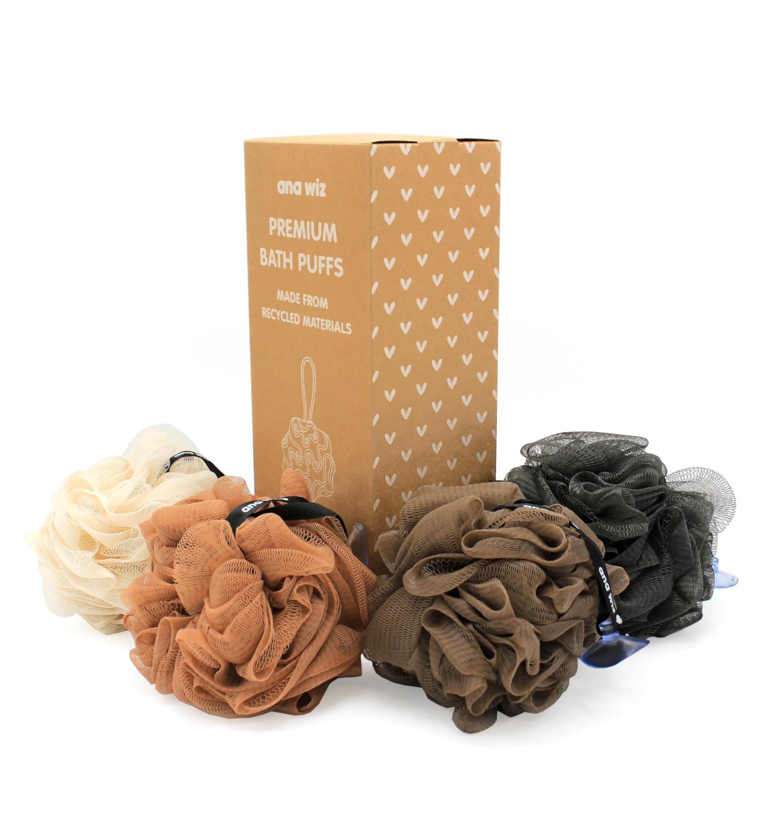Premium Bath Puffs Made from 100% Recycled Materials | Pack of 4 Super Soft Large Exfoliating Puffs | Long-Lasting Durable & Recyclable (Neutral Tones) - Buy Online on GoSupps.com