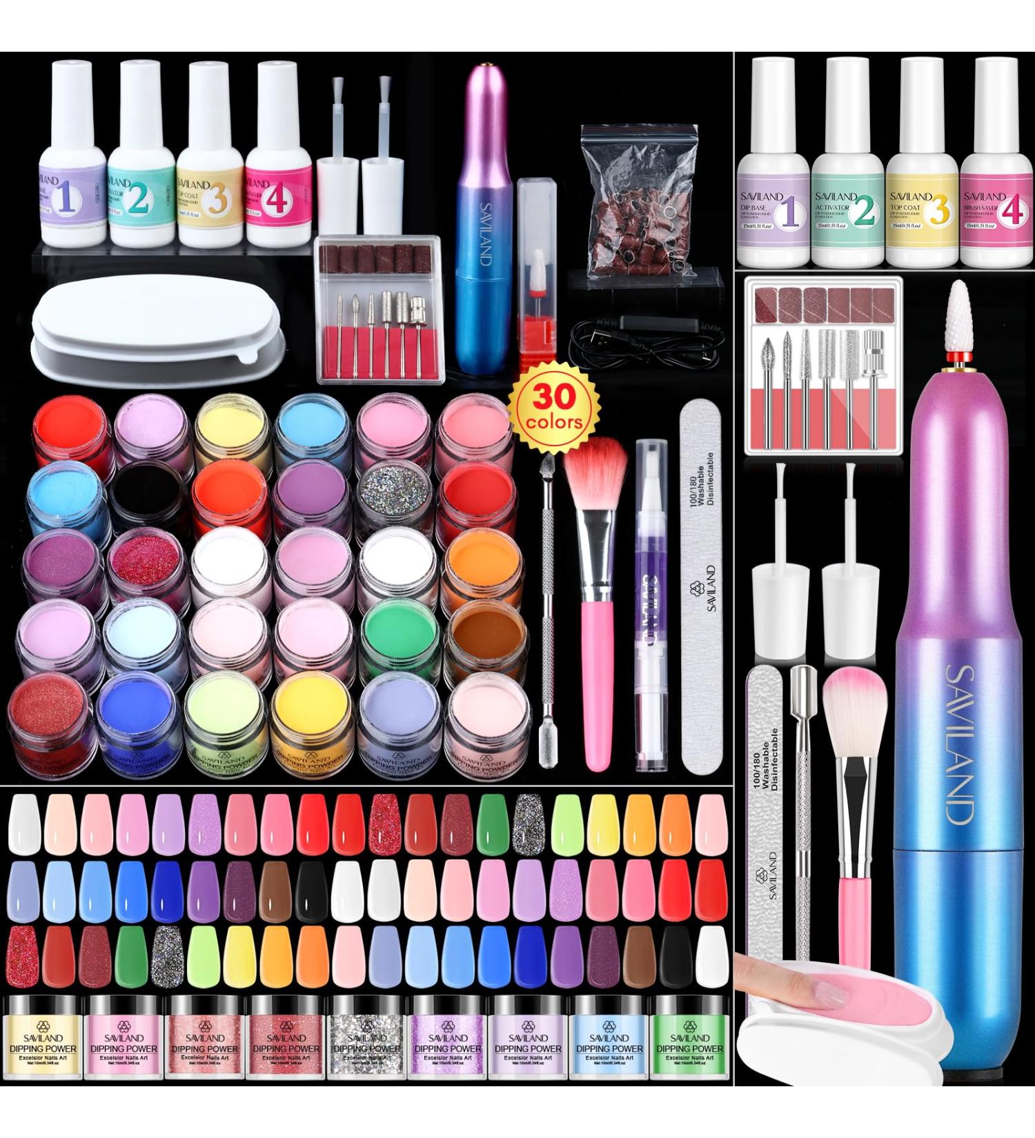 Saviland 60 PCS Dip Powder Nail Kit with Nail Drill | 30 Colors Dipping Powder Starter Kit for French Nail Art | Long-Lasting Formula | Keratin Infused | Manicure Set - Buy Online on GoSupps.com