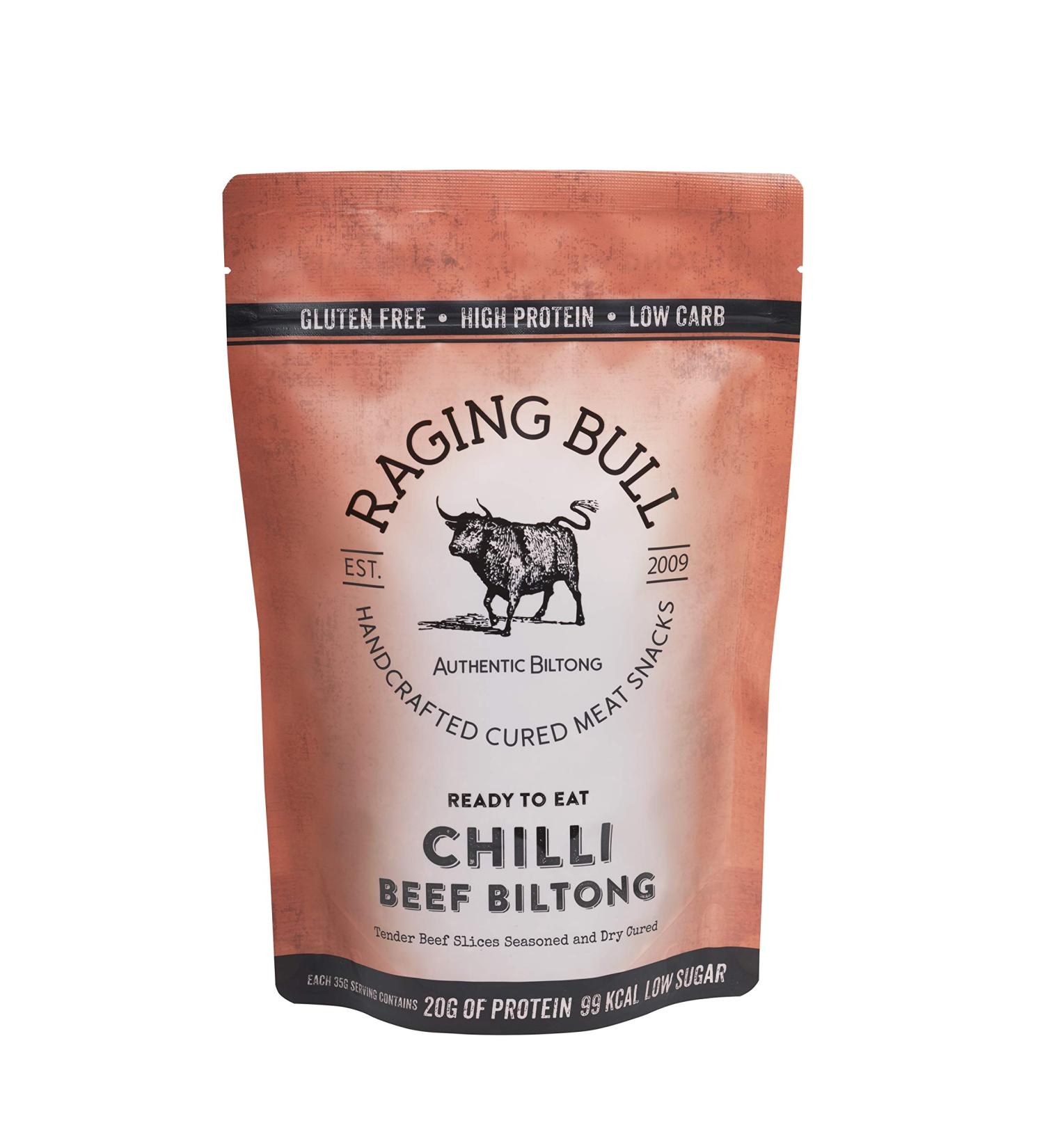Raging Bull Chilli Beef Biltong - Authentic South African High Protein Snack | 250g Bag - Buy Online on GoSupps.com
