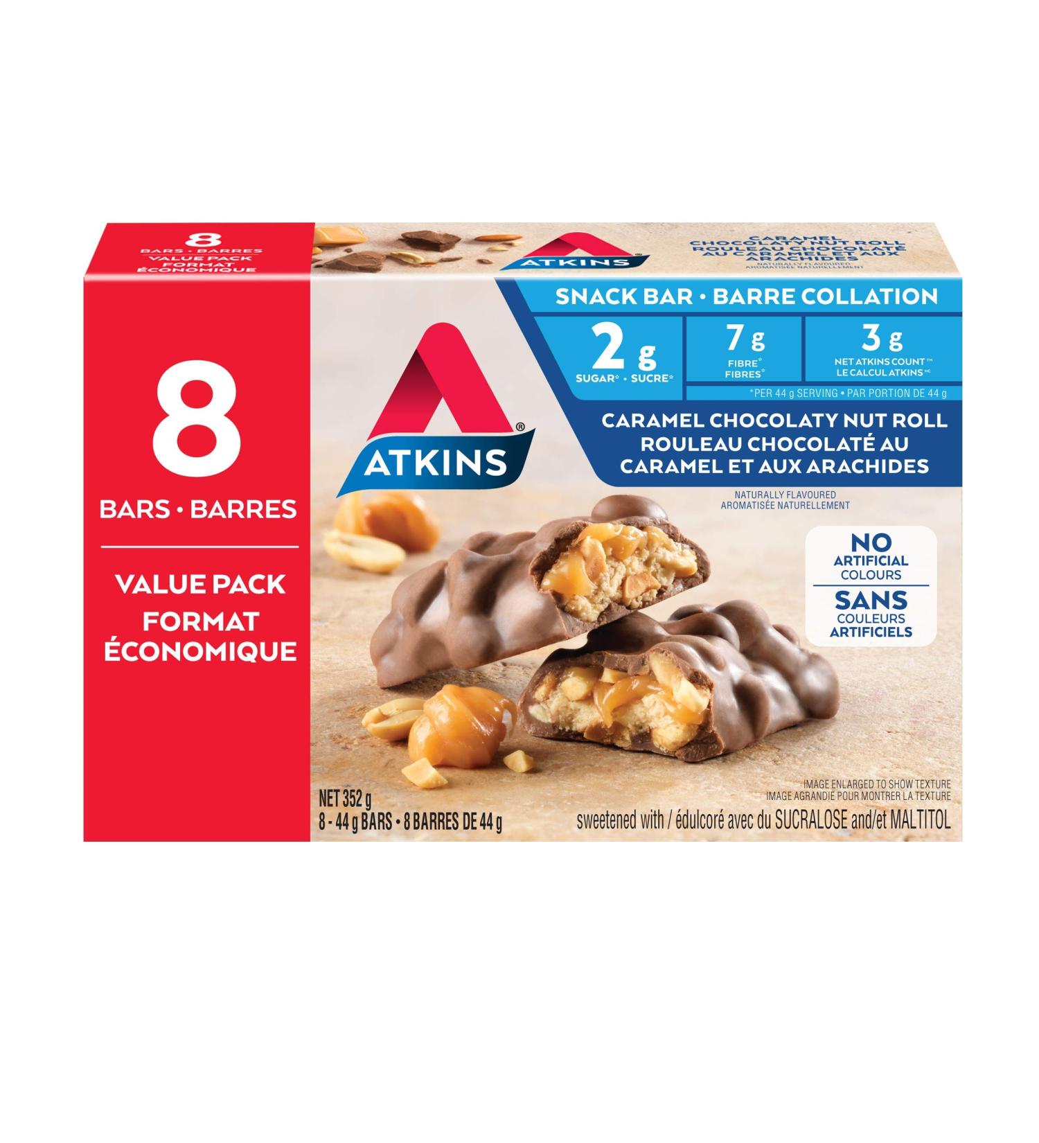 Atkins Snack Bars - Caramel Chocolaty Nut Roll Low Sugar Keto Friendly High Fibre 2g Sugar 3g Carbs 8ct Caramel Nut Roll Value Pack - Buy Online on GoSupps.com