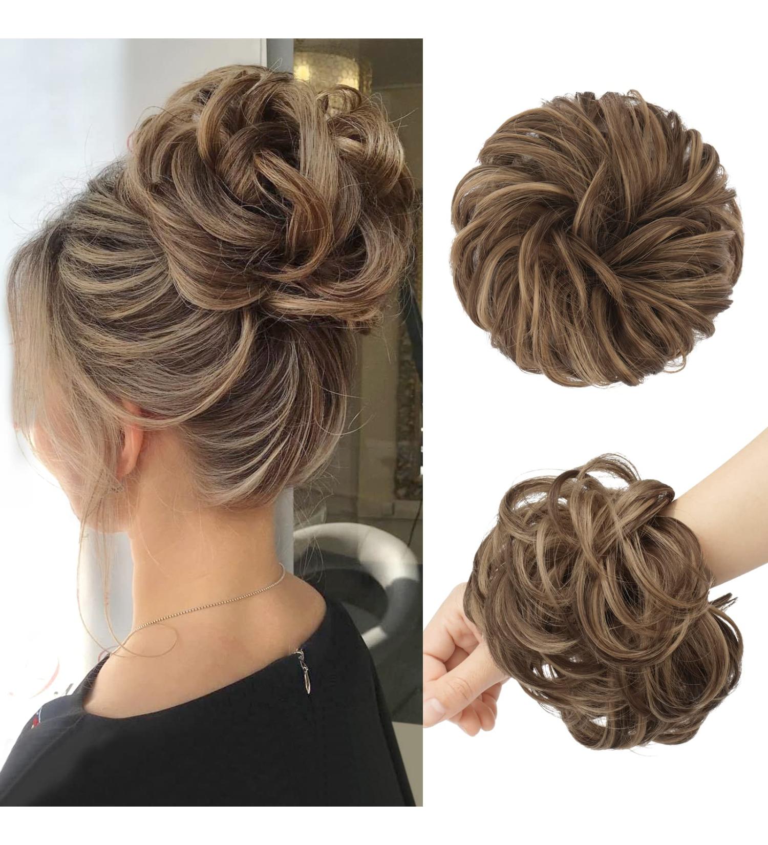 FESHFEN Messy Bun Scrunchie Hair Piece | Synthetic Updo Hairpiece Light Ash Brown Mixed Golden Brown - Buy Online on GoSupps.com
