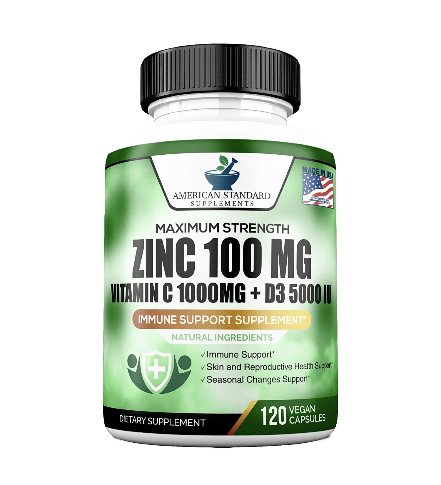 Immune Support Supplement with Zinc 100mg, Vitamin C 1000mg, Vitamin D 5000IU - 120 Vegan Capsules - Buy Online on GoSupps.com