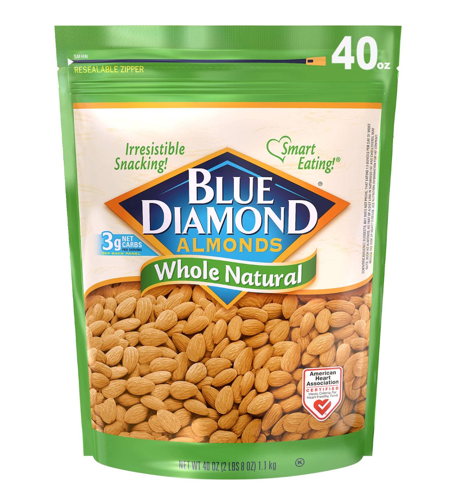 Blue Diamond Almonds Whole Natural Raw Snack Nuts 40 Oz Resealable Bag - 1 Pack - Buy Online on GoSupps.com