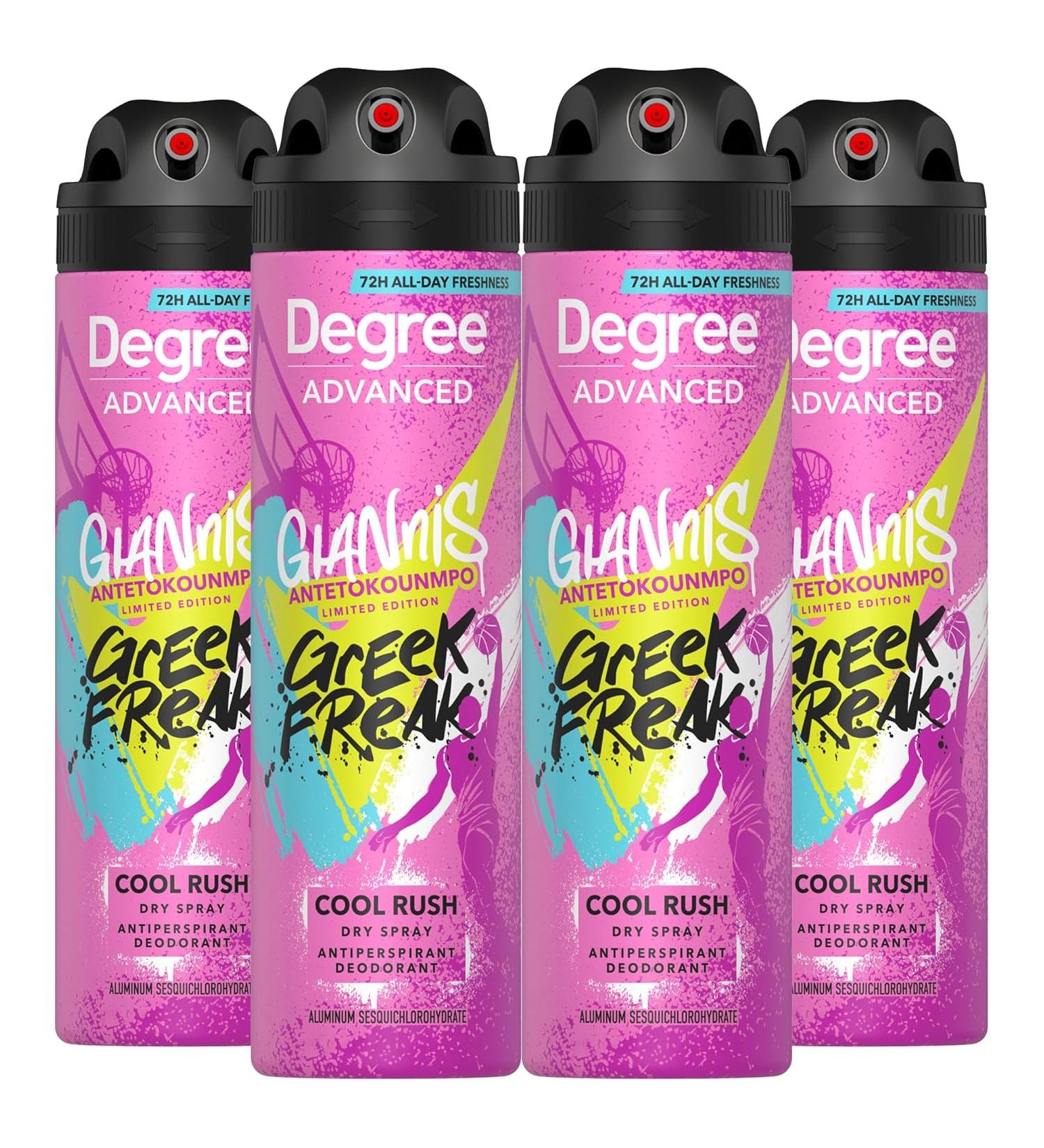 Degree Men’s Antiperspirant Deodorant Spray Giannis Antetokounmpo 72H Sweat & Odor Protection - Cool Rush - 3.8 Oz - Pack Of 4 - Buy Online on GoSupps.com