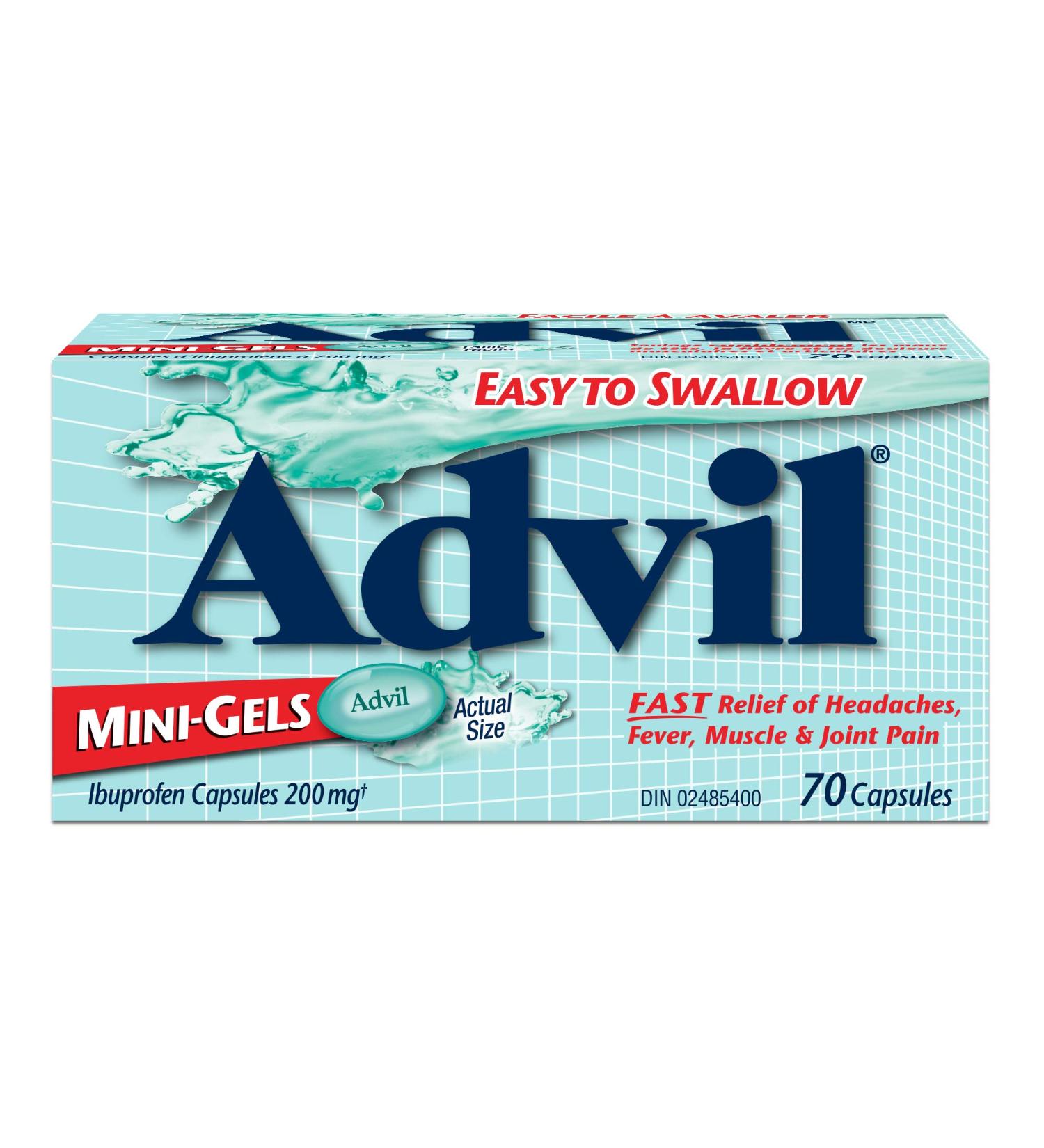 Advil Regular Strength Ibuprofen Pain Relief Mini-Gels Capsules Fast Acting Pain Relief for Migraine Back Neck Joint and Muscle Relief 200mg (70 capsules) - Buy Online on GoSupps.com